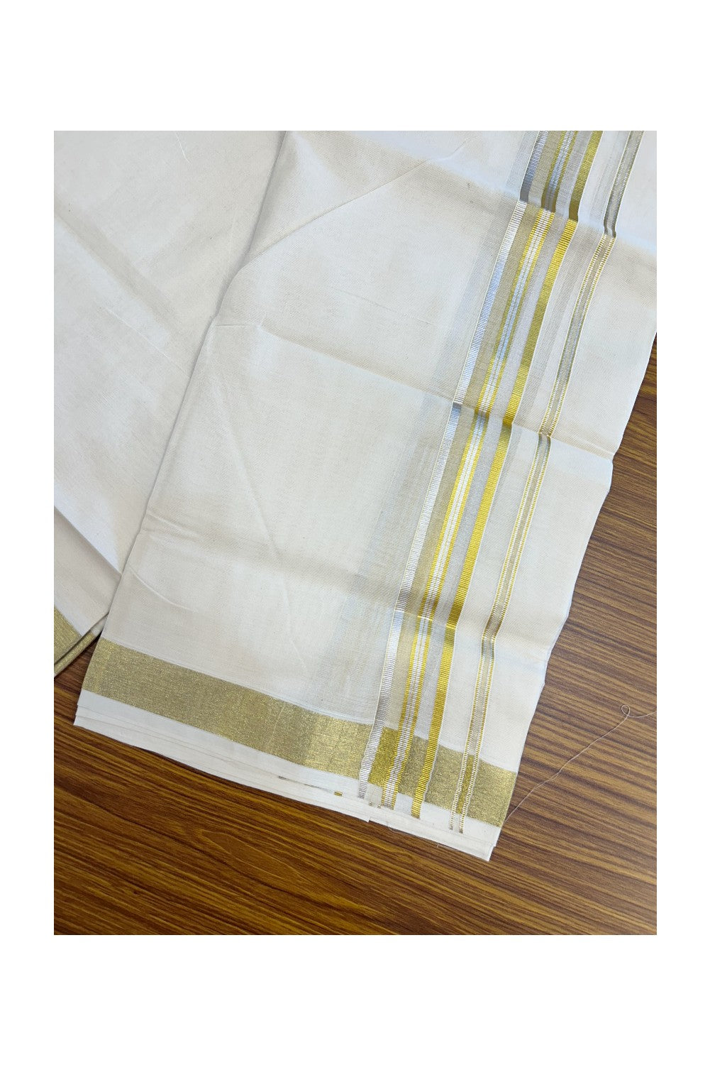 20% DISCOUNT ! KaithariKada Balaramapuram - 100% PURE Cotton Off White - (Unbleached) Double Mundu/Dhoti - 100X80 - 1.5 inch Gold Kasavu & Silver Kasavu Striped Kara - 2KK5212 VIN