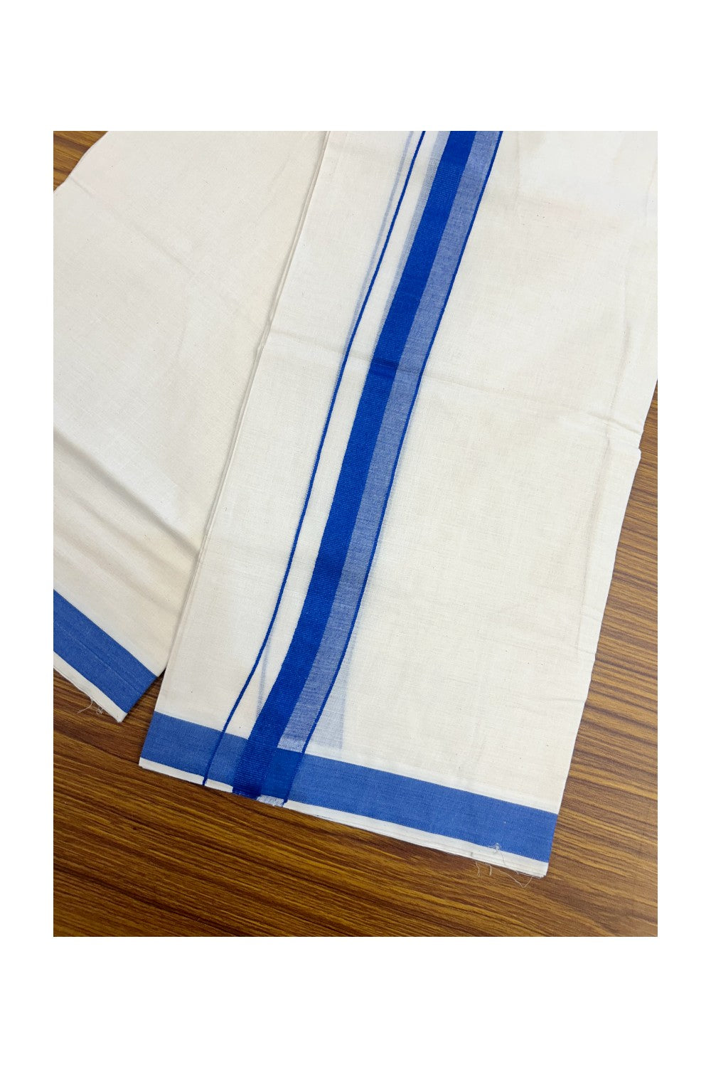 24% Discount ! KaithariKada Balaramapuram 100% Cotton Double OFF WHITE- (Unbleached) - Mundu / Dhoti- 100x80 - 1.5 inch Blue Kara - 2KK5214 MC