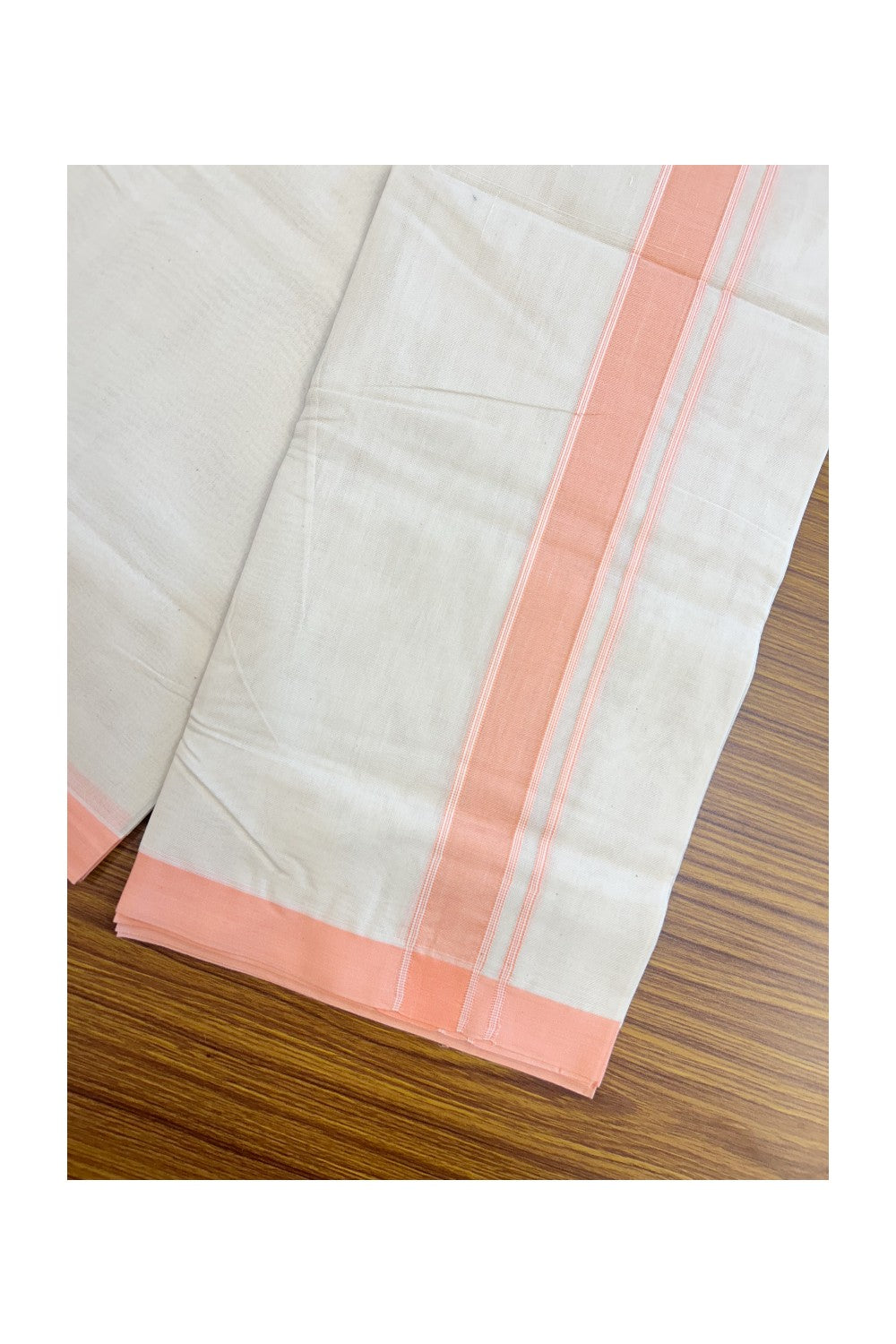 NEW !! 20% DISCOUNT!! KaithariKada Balaramapuram 100% Cotton Double Off white - (Unbleached) Mundu/Dhoti-100x80 - 1.5 inch Peach Shaded Striped KARA - 3.75 mtr (8 Muzham) - 2KK5218 ASH
