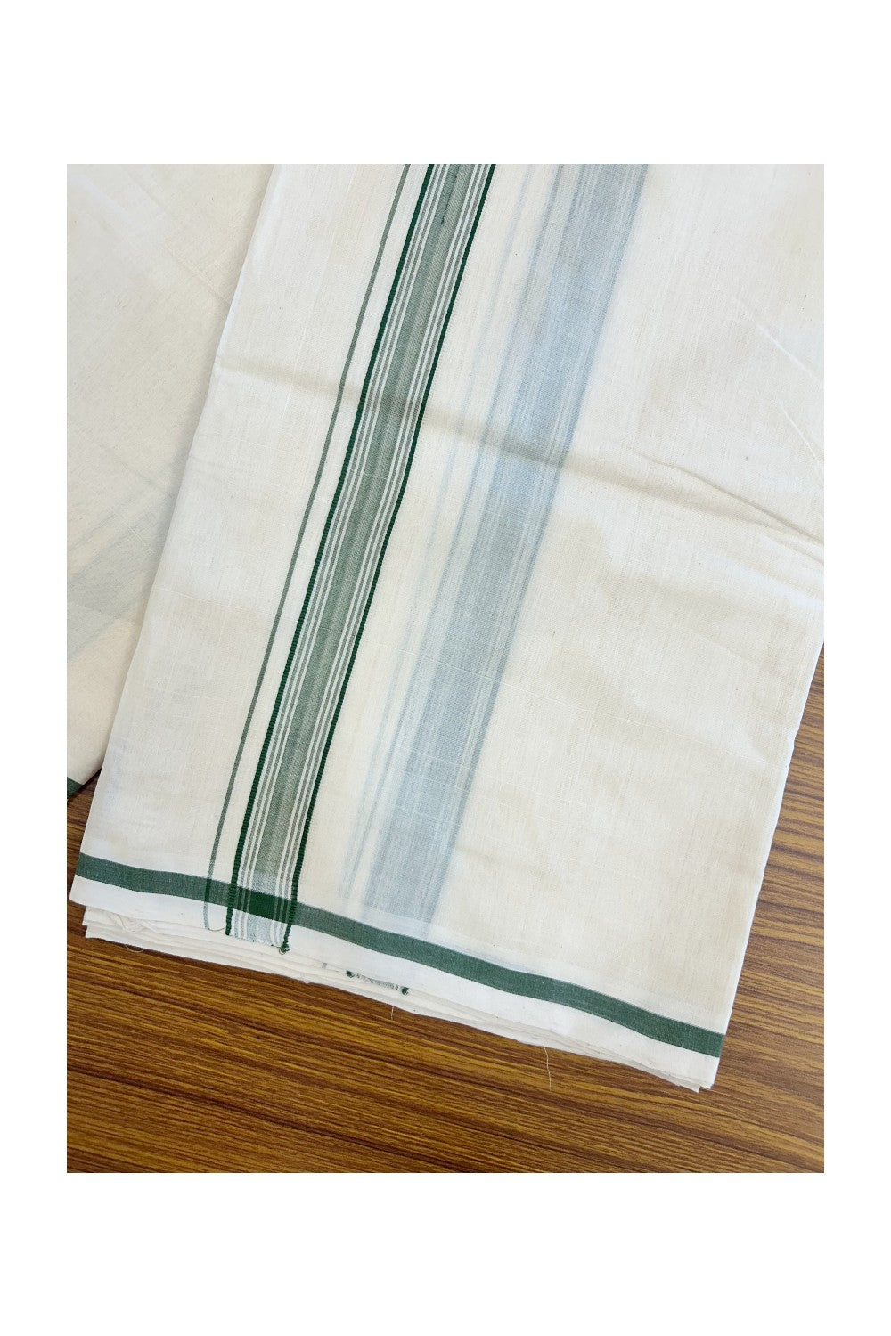 PREMIUM HANDLOOM-20% DISCOUNT! KaithariKada Cotton OFF White - 100x80 thread- NORTH INDIAN ATTACHED GAMCHA - 9X5 & 10X6 muzham Dhoti - 1.5 inch Green Border - 2KK5223VEL