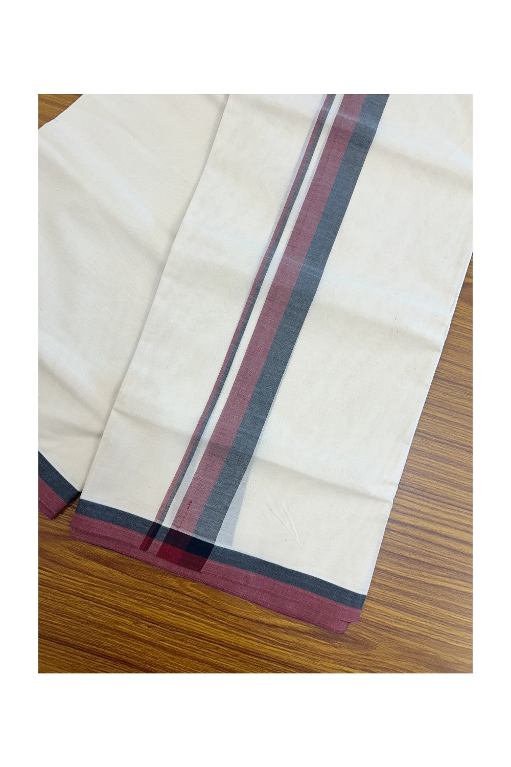 DMK Veshti - 20% DISCOUNT! KaithariKada 100% Cotton off white Double - (Unbleached) Mundu/Dhoti - 100X100 - 1.5 inch Black & Maroon shaded kara - 4 mtr (8.5 muzham)- 2KK5228 ASH