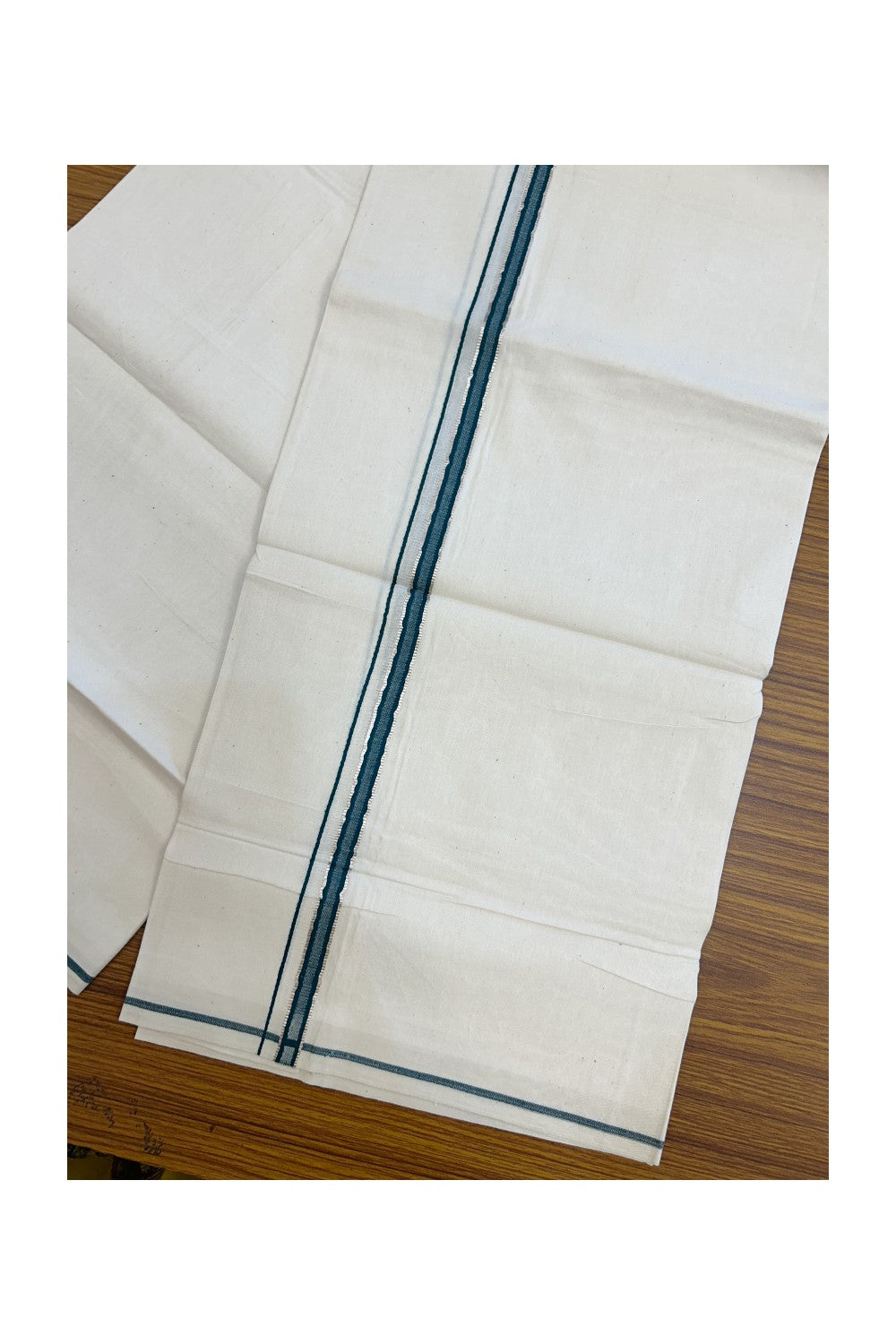 24% Discount !! KaithariKada Balaramapuram 100% Cotton OFF WHITE (Unbleached) Single Mundu/Dhoti - Twisted 60s Thread - 1 cm Silver Kasavu & Green Blue Kara (2 meter / 4 muzham) - 1KK5236 GL