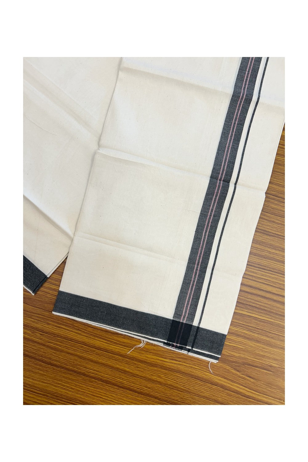 24% Discount !! KaithariKada Balaramapuram 100% Cotton OFF WHITE (Unbleached) Single Mundu/Dhoti - Twisted 60s Thread - 1 inch Black shaded pink striped Kara (2 meter / 4 muzham) - 32KK5241 GL