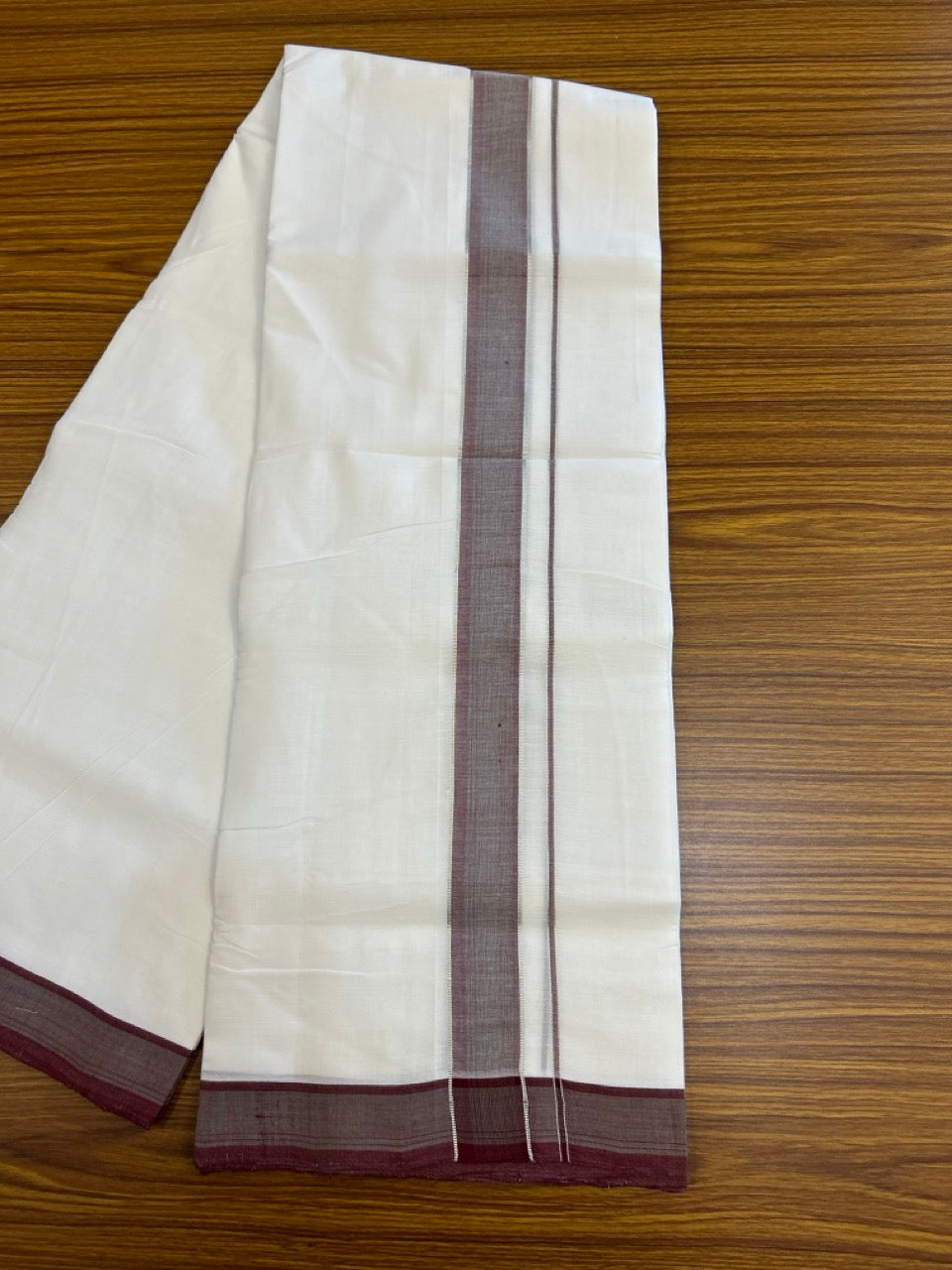 25% Discount!! NEW ULTRA PURE WHITE HANDLOOM Balaramapuram - 100% MERCERISED Cotton Double Mundu/Dhoti - 120 twisted warp x 80s weft - Wine Maroon & Silver Kasav Kara- 2KK5248 REA