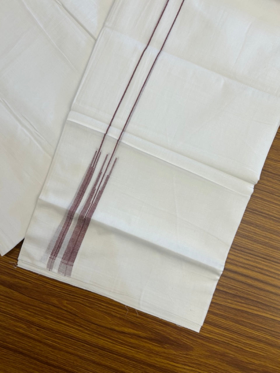 20% DISCOUNT!! NEW!! KaithariKada Balaramapuram 100% Cotton PURE WHITE Double Mundu/Dhoti - (100x80)s - 0.75 inch Wine Line chutty - 2 KK5249 VIN