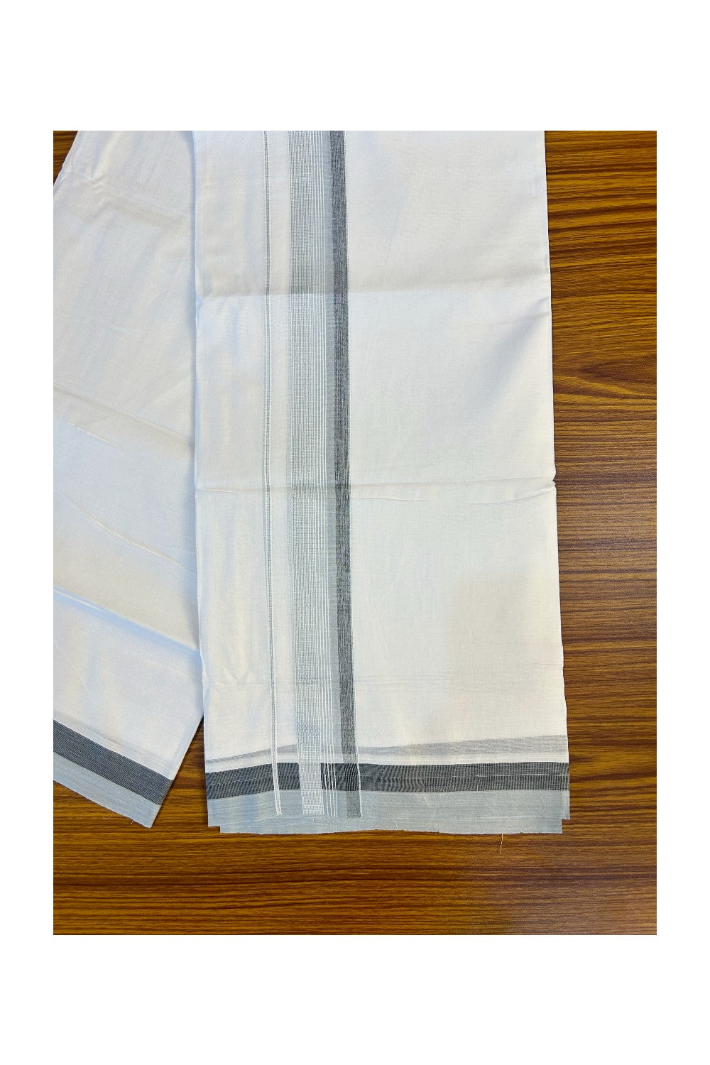 21% DISCOUNT!! Kaitharikada Balaramapuram 100% Cotton Ultra WHITE Double Mundu/Dothi-100x80 2 Inch LIGHT GREY & WHITE STRIPED Cotton Kara -2KK63VAS.