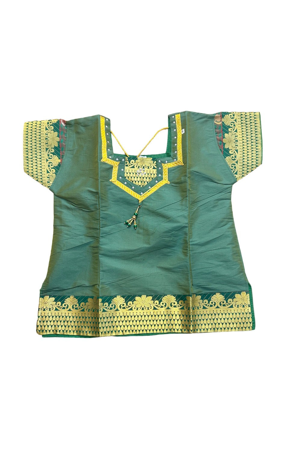 Midukki-Traditional South Indian Kids Pattu Pavada- Green top Green skirt with emboss work- Age 17&18 - KK17&18MID002