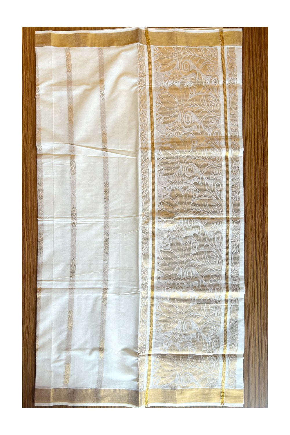 Kaitharikada Kerala Cotton Saree Off white - 29.5 inch Kasav Zari with Peacock Pattern Putta Design- 2KK1002JEE