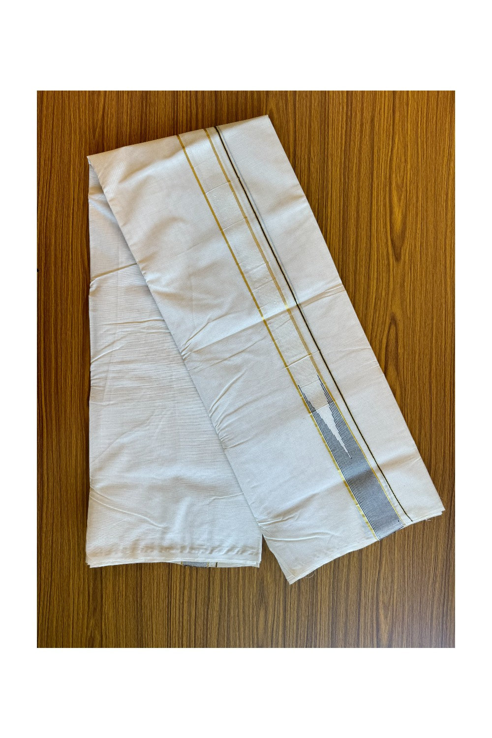 28% OFFER ! KaithariKada Balaramapuram 100% Cotton Double OFF WHITE - (Unbleached) Mundu/Dhoti-100x100 - 2 inch Puliyilakkara Heavy Chutty Black KASAV Stripes - 2KK490ASH.