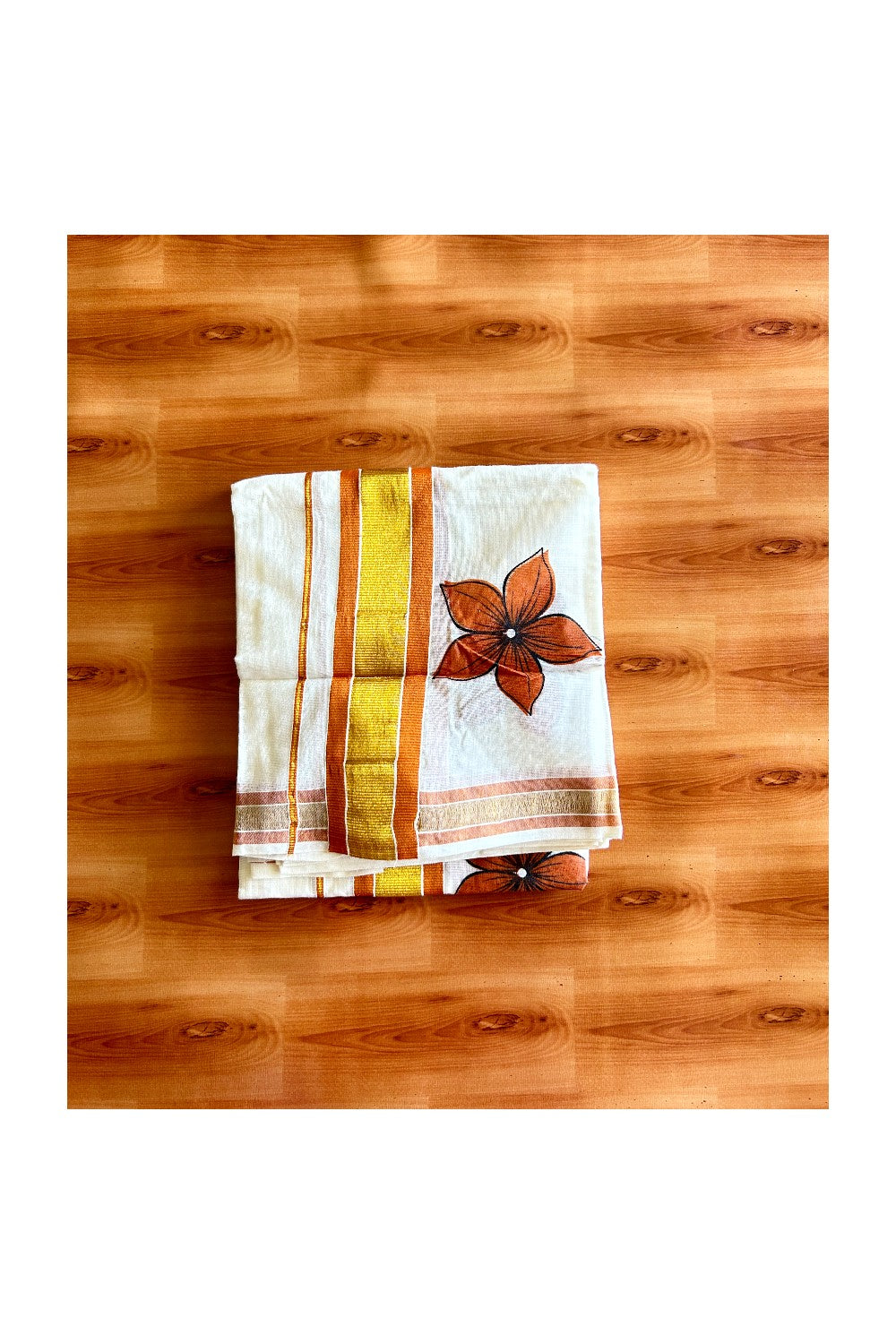 22% Discount!! KaithariKada - Kerala Cotton SINGLE SET MUND FOR WOMEN - Kasavu Kara with Orange Flower Design - 2KK495VIN
