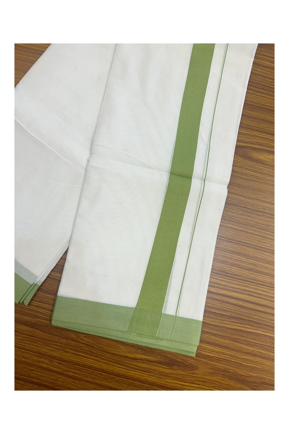 42% DISCOUNT! KaithariKada Balaramapuram 100% Cotton Double PURE white Mundu/Dhoti-100x80 -1.5 Inch Green SATIN FINSH Border Design Kara - 2KK5143PMC