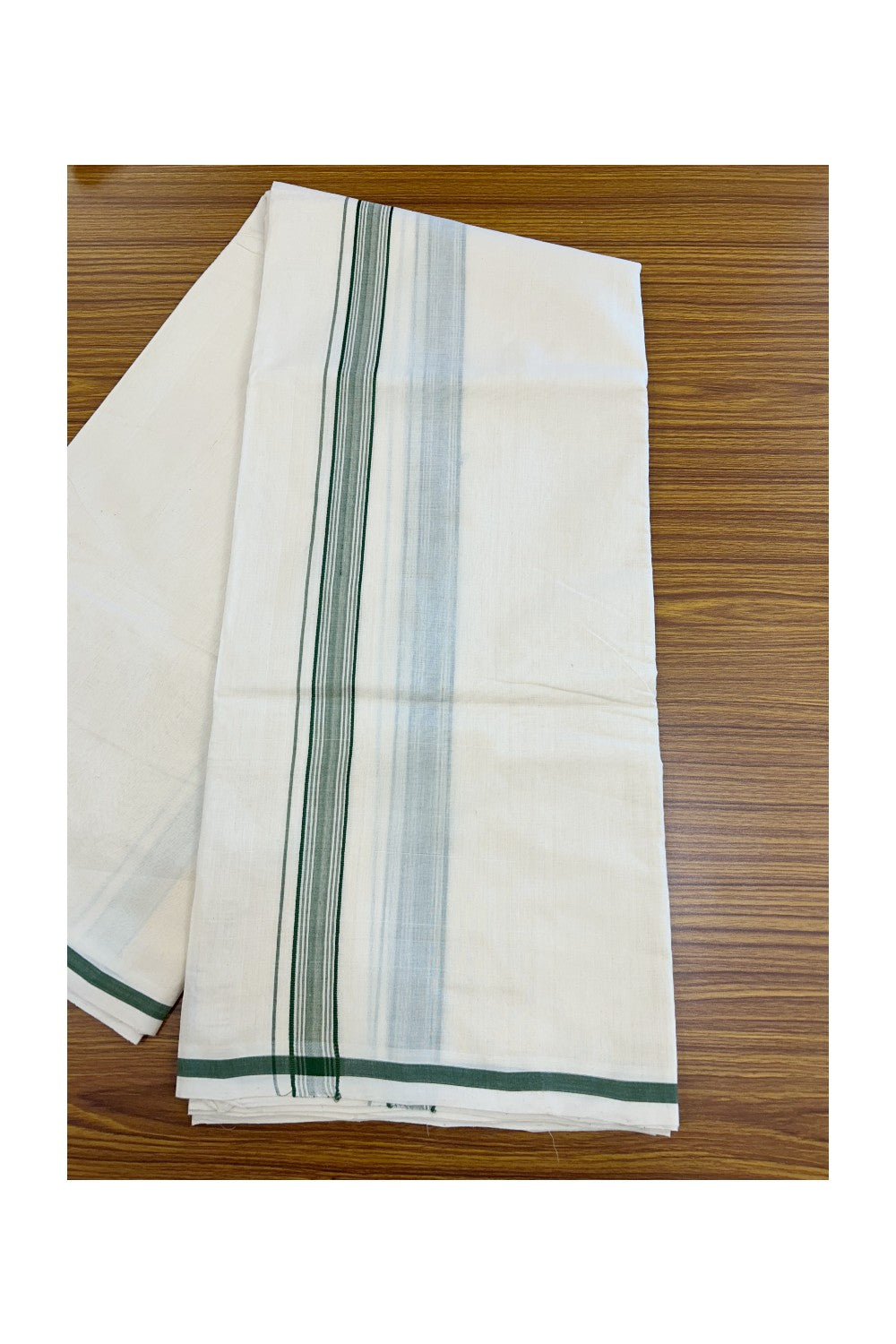 PREMIUM HANDLOOM-20% DISCOUNT! KaithariKada Cotton OFF White - 100x80 thread- NORTH INDIAN ATTACHED GAMCHA - 9X5 & 10X6 muzham Dhoti - 1.5 inch Green Border - 2KK5223VEL