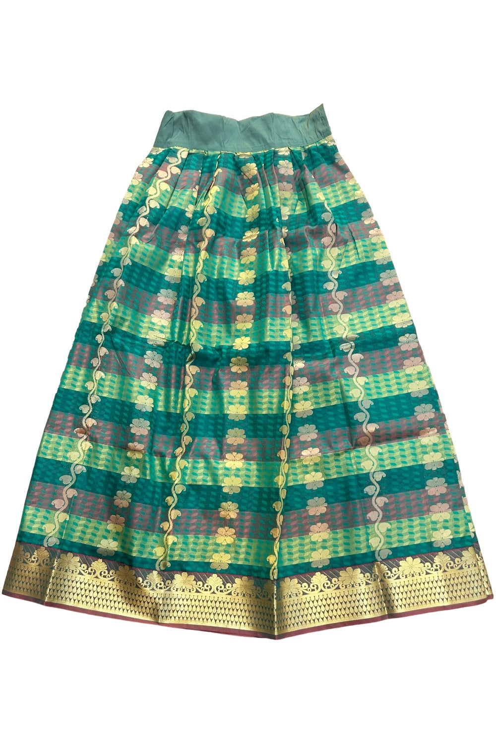 Midukki-Traditional South Indian Kids Pattu Pavada- Green top Green skirt with emboss work- Age 17&18 - KK17&18MID002