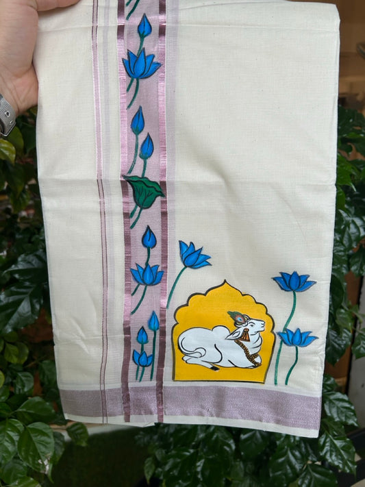 24% Discount! KaithariKada 100% Cotton Double Off white - (Ubleached) Mundu / Dhoti - 100x80 1.5 inch Pink Silver Kasavu & Hand Painted Flower Nandi - 20 KK5259 CKS