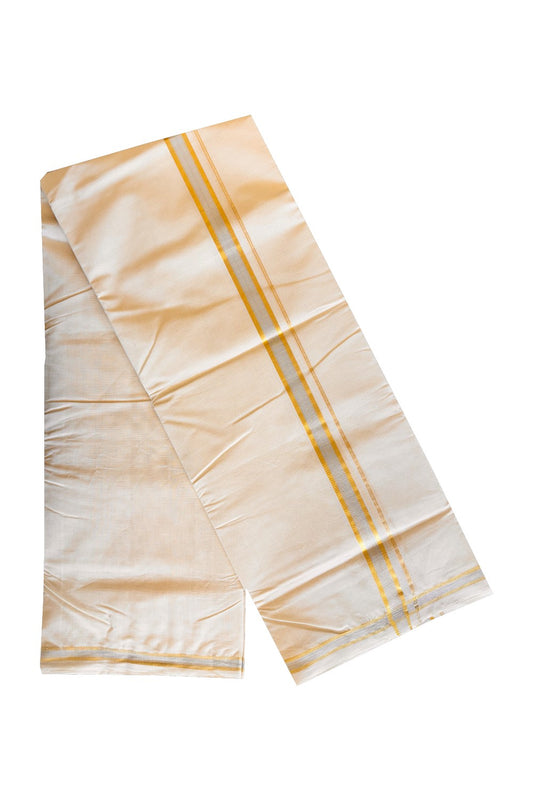 25% DISCOUNT ! KaithariKada HANDLOOM Millpaav Balaramapuram - 100% PURE Cotton Off White Double Mundu/Dhoti - Silver & Gold KASAVU Stripes Design-20KK37RAM