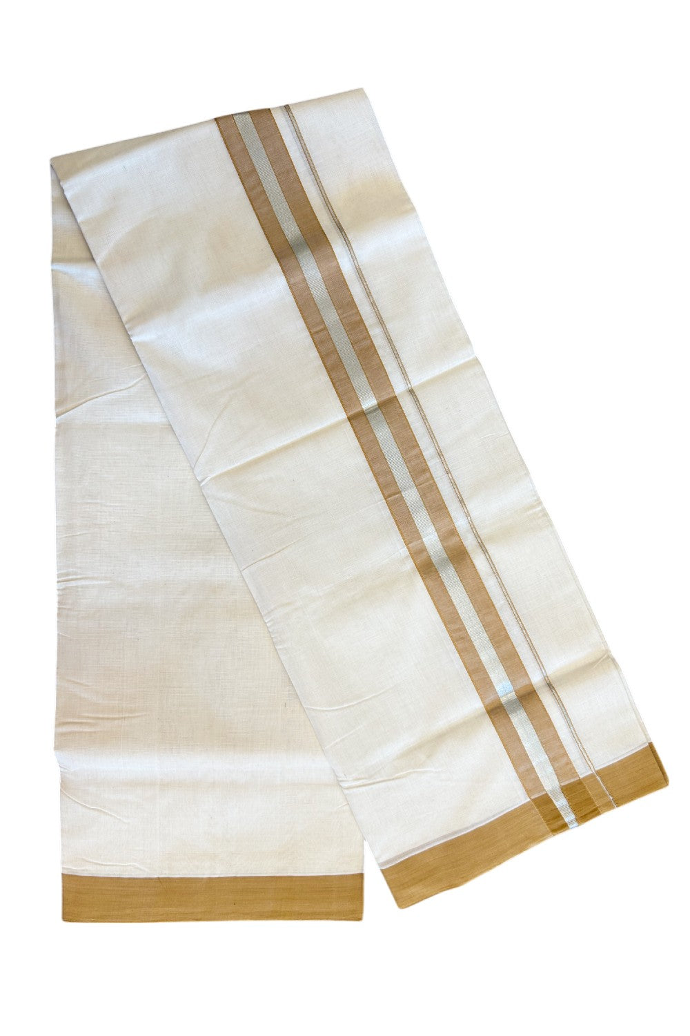 30% Discount KaithariKada HANDLOOM Unakkupaav Balaramapuram - 100% PURE Cotton Off White (Unbleached) - 100x100 Double Mundu/Dhoti - 2.25 inch Silver Kasavu Light Brown Kara- 218
