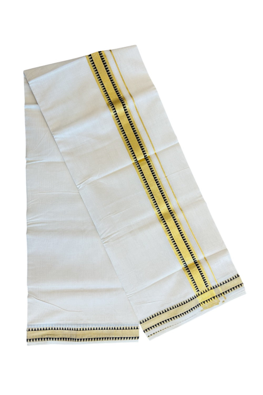 25%Discount!!! KaithariKada HANDLOOM UNAKKUPAAV Balaramapuram - 100% PURE Cotton off white (Unbleached) Double Mundu/Dhoti -100x 100 - 2.5 inch Kasavu & Black Temple design kara - 19KK5096YAR