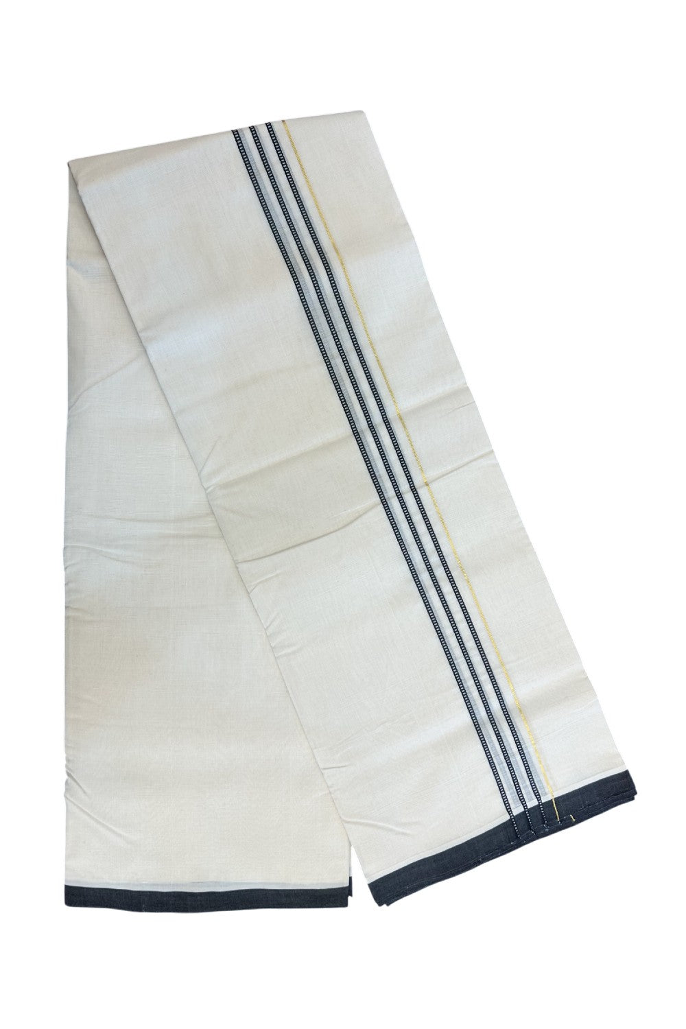 25% DISCOUNT!! KaithariKada HANDLOOM UNAKKUPAAV Balaramapuram - 100% PURE Cotton OFF White - (Unbleached) Double Mundu/Dothi - 100x100 - PURE KASAVU 3 cm Black stripes pattern kara 3.80 meter (8.5 Muzham) - 30KK5167REA