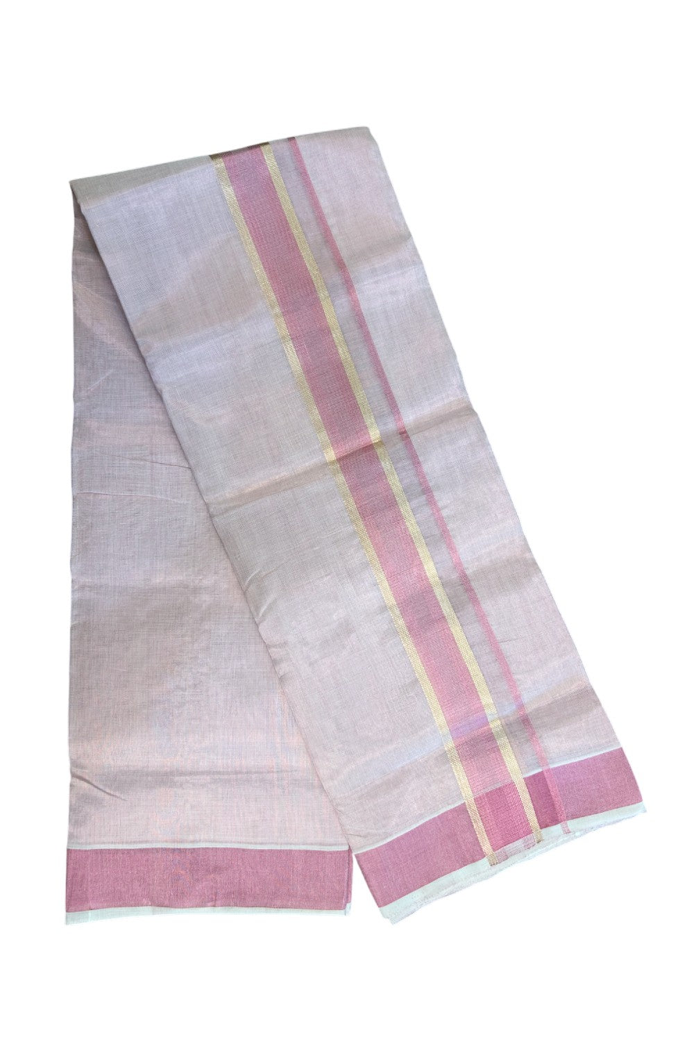 25% DISCOUNT! KaithariKada HANDLOOM MILLPAAV Balaramapuram - 100% PURE Cotton Off White (Unbleached) - Double Mundu/Dhoti - 2 inch Gold Kasavu striped kara & Pink Tissue Body - 20KK5170RAM