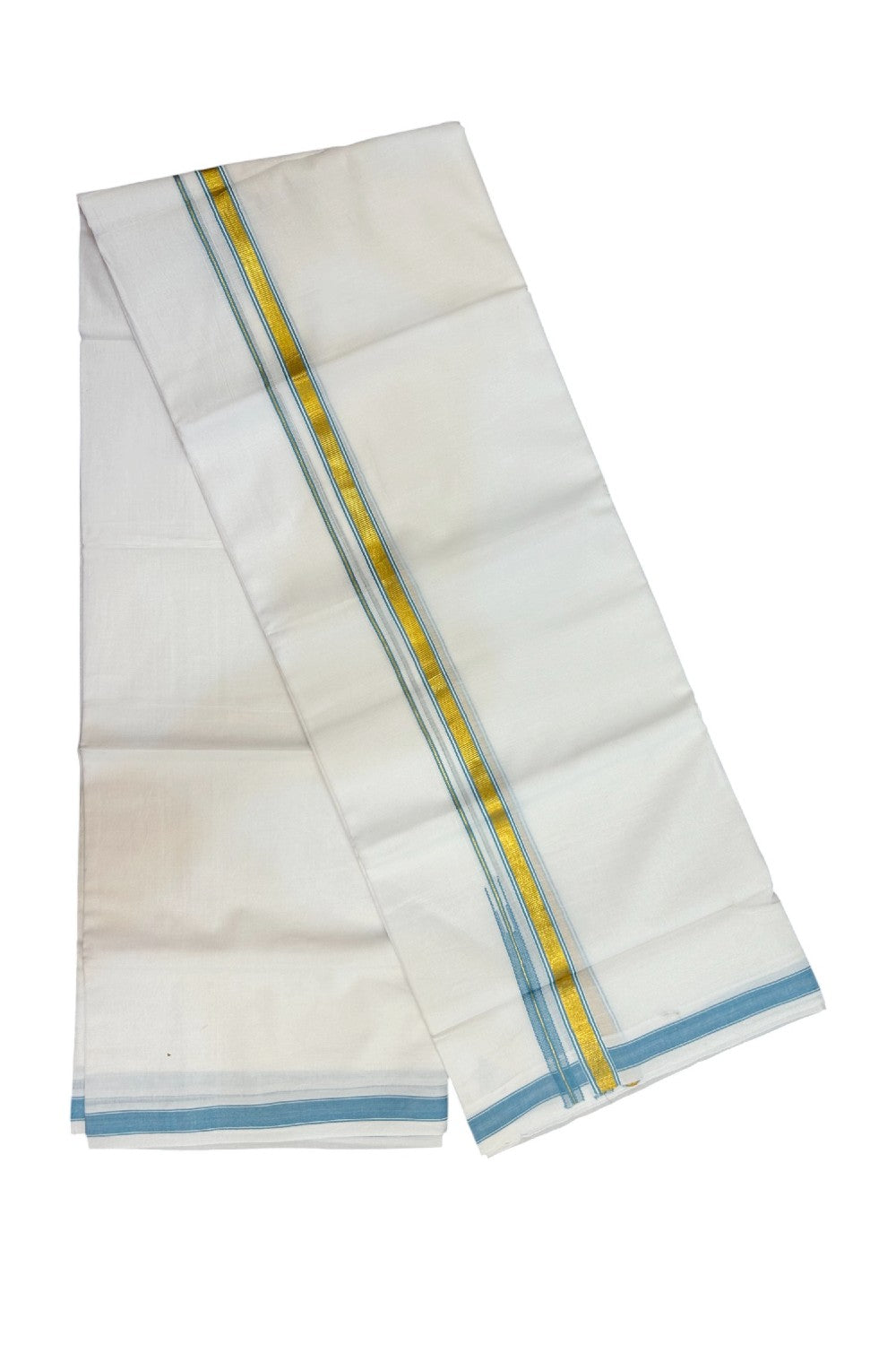 20% DISCOUNT!! KaithariKada Balaramapuram 100% Cotton PURE WHITE Double Mundu/Dhoti-100x80 - 0.5 inch Cyan Blue Kasav Chutty Kara - 20KK5191CKS
