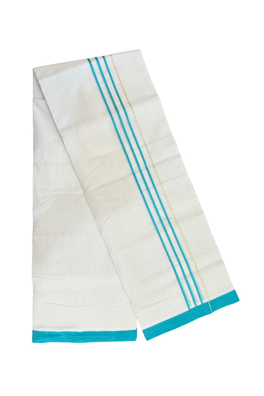 25% DISCOUNT!! KaithariKada HANDLOOM UNAKKUPAAV Balaramapuram - 100% PURE Cotton OFF White - (Unbleached) Double Mundu/Dothi - 80x100 - PURE JERRY 1.25 inch Turquoise blue stripes pattern kara 3.80 meter (8.5 Muzham) - 20KK5209 REA