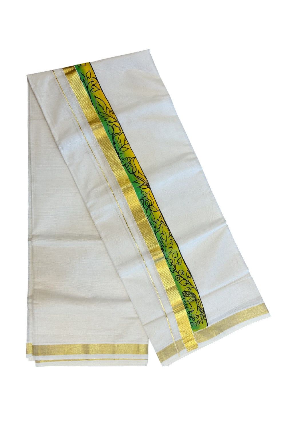 29% Discount! KaithariKada Balaramapuram 100% Cotton off white Double - (Unbleached) Mundu/Dhoti- 80x90 - Gold Kasavu HAND PAINTED Yellow & Green Leaf Flower Buda Pattern 2.25 inch Kara - 20KK5212 VIN