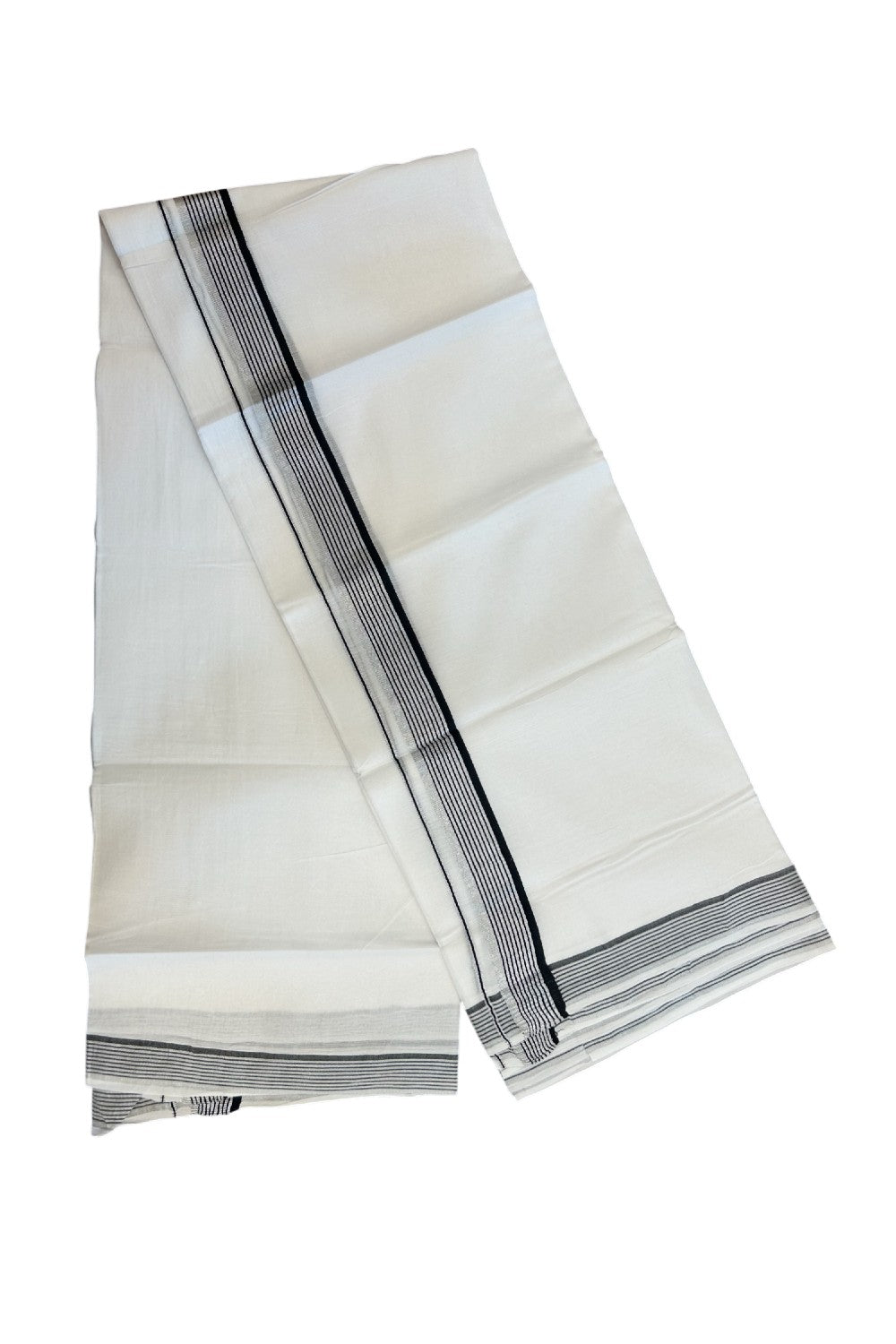 20% Discount !! KaithariKada Balaramapuram Double PURE WHITE Mundu/Dhoti- 100x80 - 1.25 inch Black & Silver Kasavu Striped kara - 20KK5217 CKS