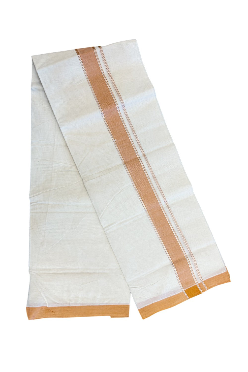 NEW !! 20% DISCOUNT!! KaithariKada Balaramapuram 100% Cotton Double Off white - (Unbleached) Mundu/Dhoti-100x80 - 1.5 inch Silver Kasavu & Light Orange Shaded Striped KARA - 3.75 mtr (8 Muzham) - 20KK5218 ASH