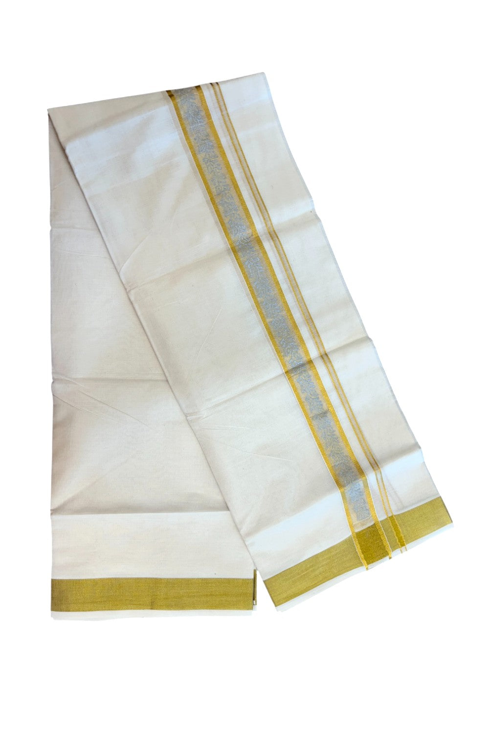 22% Discount!! KaithariKada Balaramapuram 100% Cotton DOUBLE OFF WHITE - (Ubleached) Mundu/Dhoti - 80x90 - 1.5 inch Gold Kasavu with Silver Leaf Printed Design Kara - 20KK5219 GAN