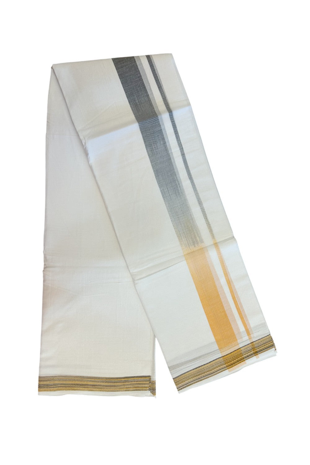 20% Discount!!! KaithariKada Balaramapuram Double PURE WHITE RAINBOW Mundu/Dhoti - 100X80 - 1.5 inch Black & Light Orange shaded Striped Designer Kara - 20KK5220 THI