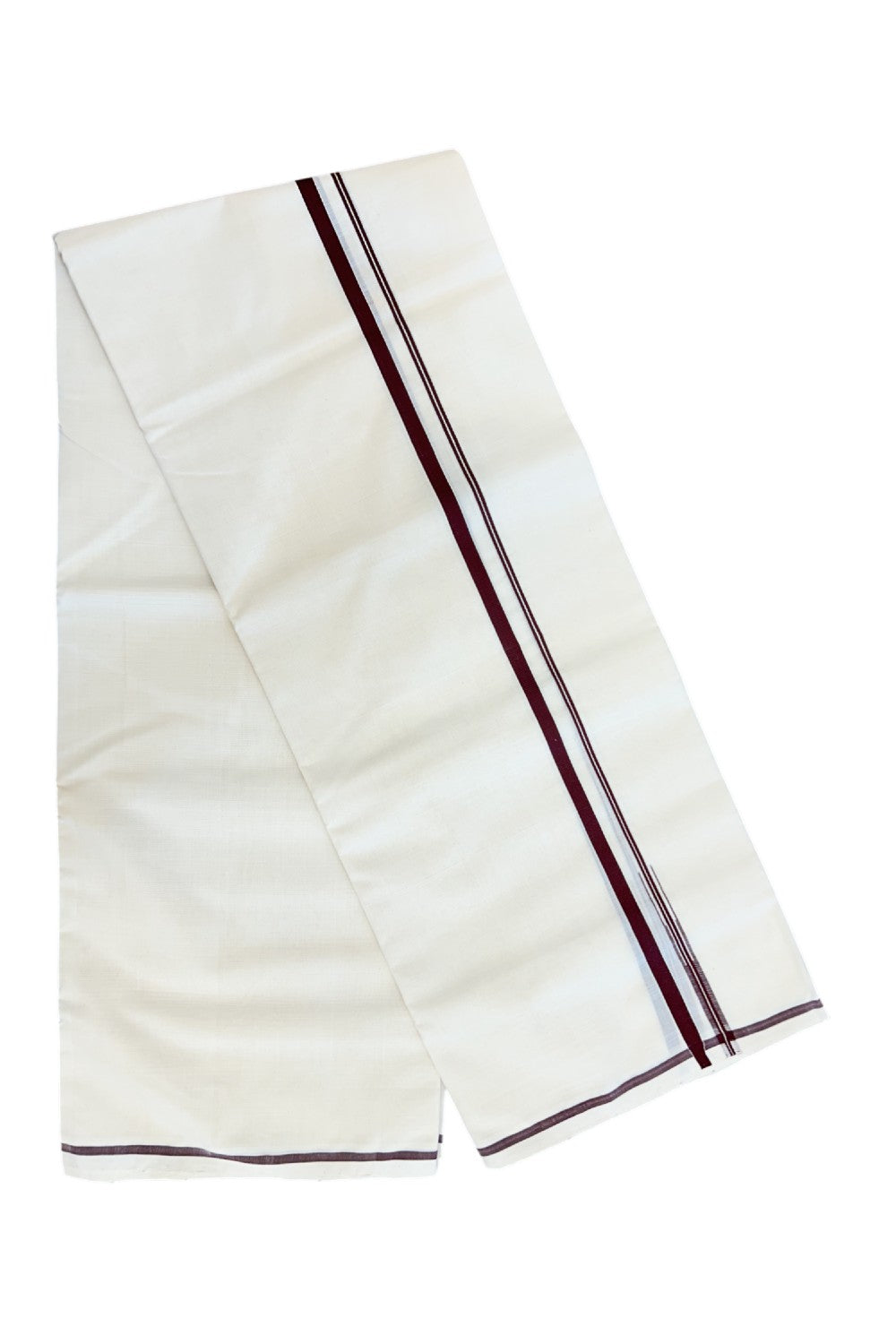 25% Discount KaithariKada HANDLOOM Millpaav Balaramapuram - 100% PURE Cotton OFF WHITE (Unbleached) Double Mundu/Dhoti - 80X90 - Puliyilakkara 1 cm Dark Maroon Chutty Kara 4 mtr (8.5 muzham)- 20KK5234 RAM