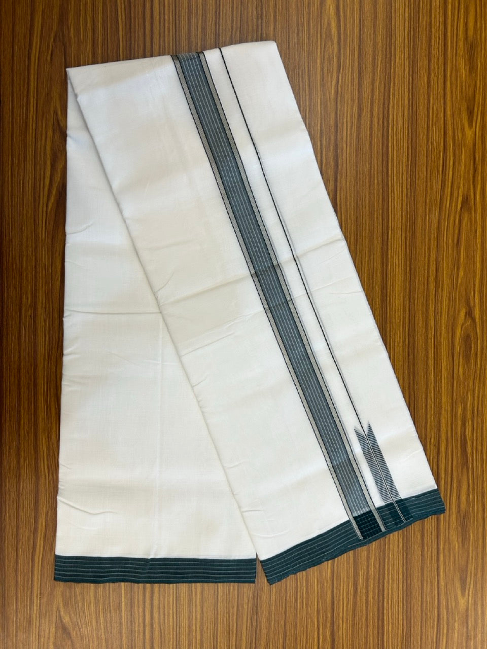 25% Discount!! NEW ULTRA PURE WHITE THREAD HANDLOOM Balaramapuram - 100% MERCERISED Cotton Double Mundu/Dhoti - 120 twisted warp x 80s weft - Dark Green White Stripes Silver Kasav Chutty Kara- 20KK5248 REA