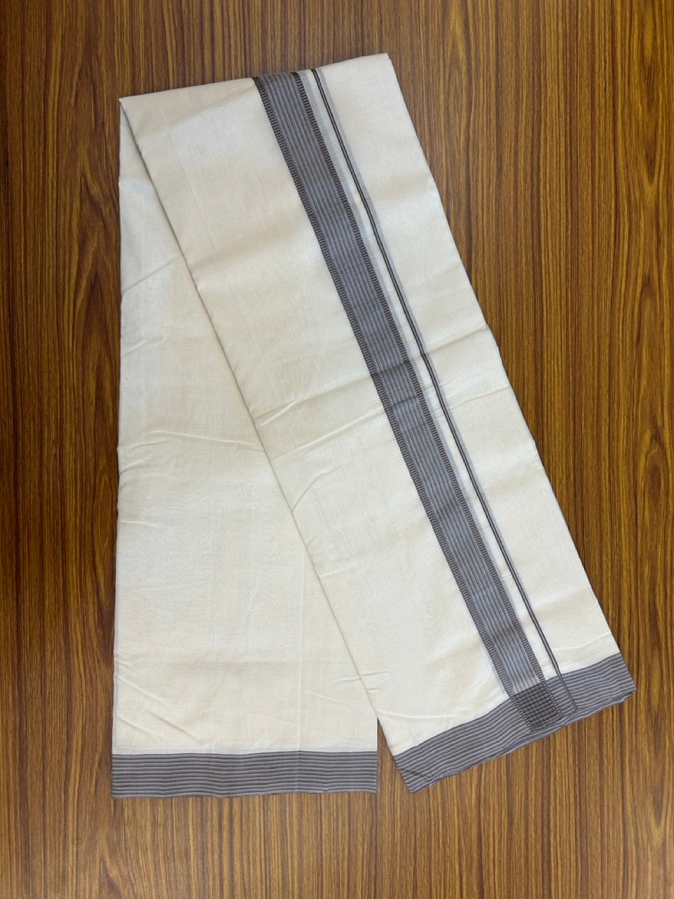 25% DISCOUNT!! KaithariKada HANDLOOM UNAKKUPAAV Balaramapuram - 100% PURE Cotton OFF White - (Unbleached) Double Mundu/Dothi - 100 x 80 - 1.5 inch Violet Cyan 3.80 meter (8.5 mulam) - 20 KK5249 REA