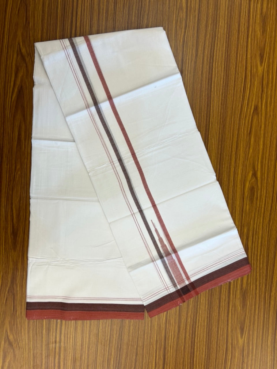20% Discount ! NEW! KaithariKada Balaramapuram 100% Cotton Pure white Double Mundu/Dhoti - (100x80)s - 1.5 inch Brick Red Brown chutty - 20 KK5249 VIN