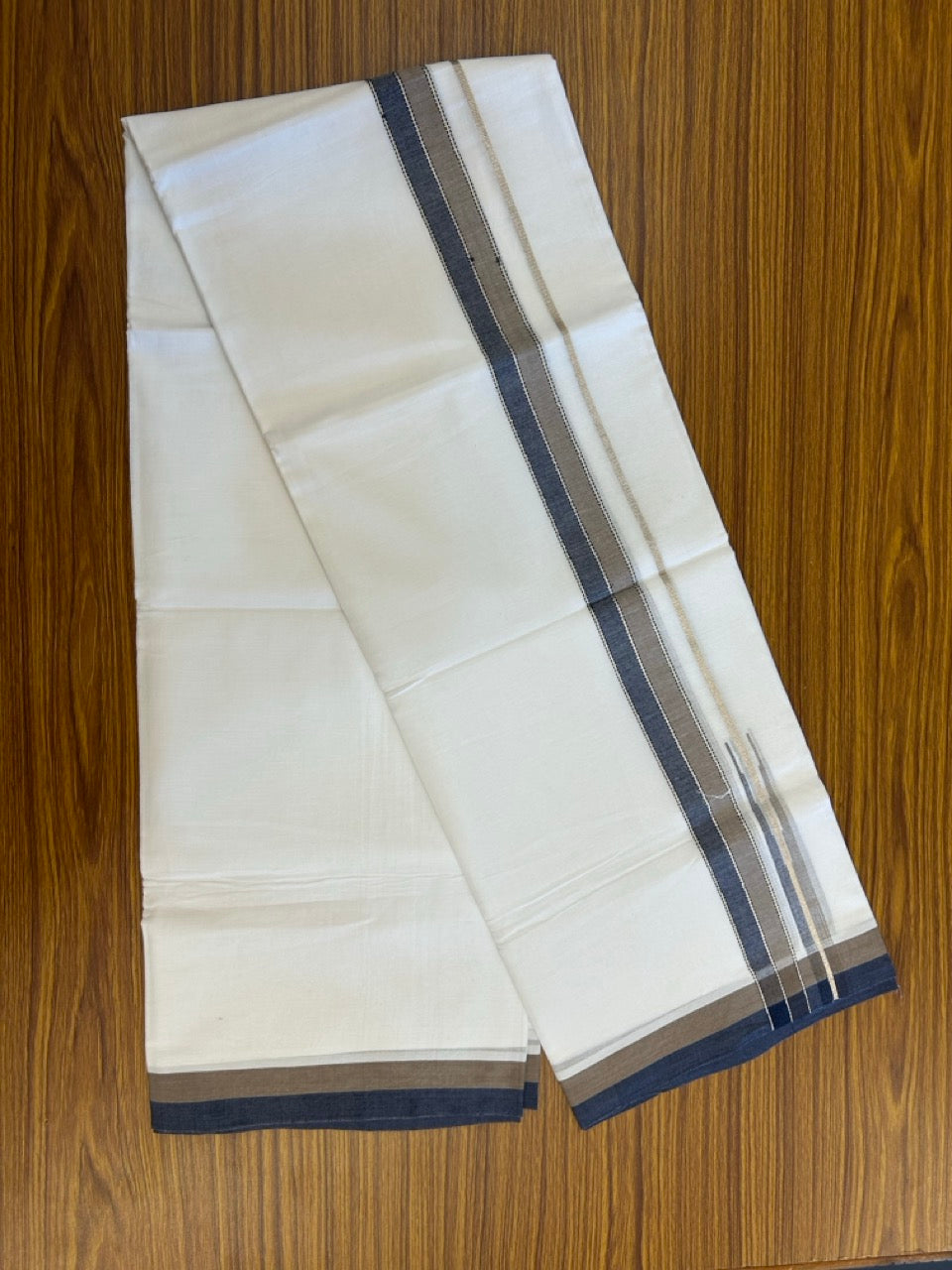 26% Discount ! NEW! KaithariKada Balaramapuram 100% Cotton Pure white Double Mundu/Dhoti - (100x80)s - Brown Navy Blue Chutty Silver Kasav - 20 KK5252 CKS