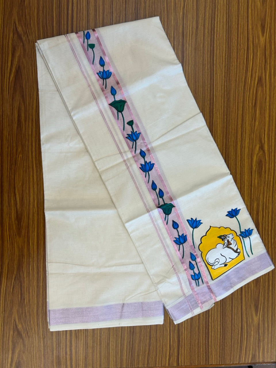 24% Discount! KaithariKada 100% Cotton Double Off white - (Ubleached) Mundu / Dhoti - 100x80 1.5 inch Pink Silver Kasavu & Hand Painted Flower Nandi - 20 KK5259 CKS