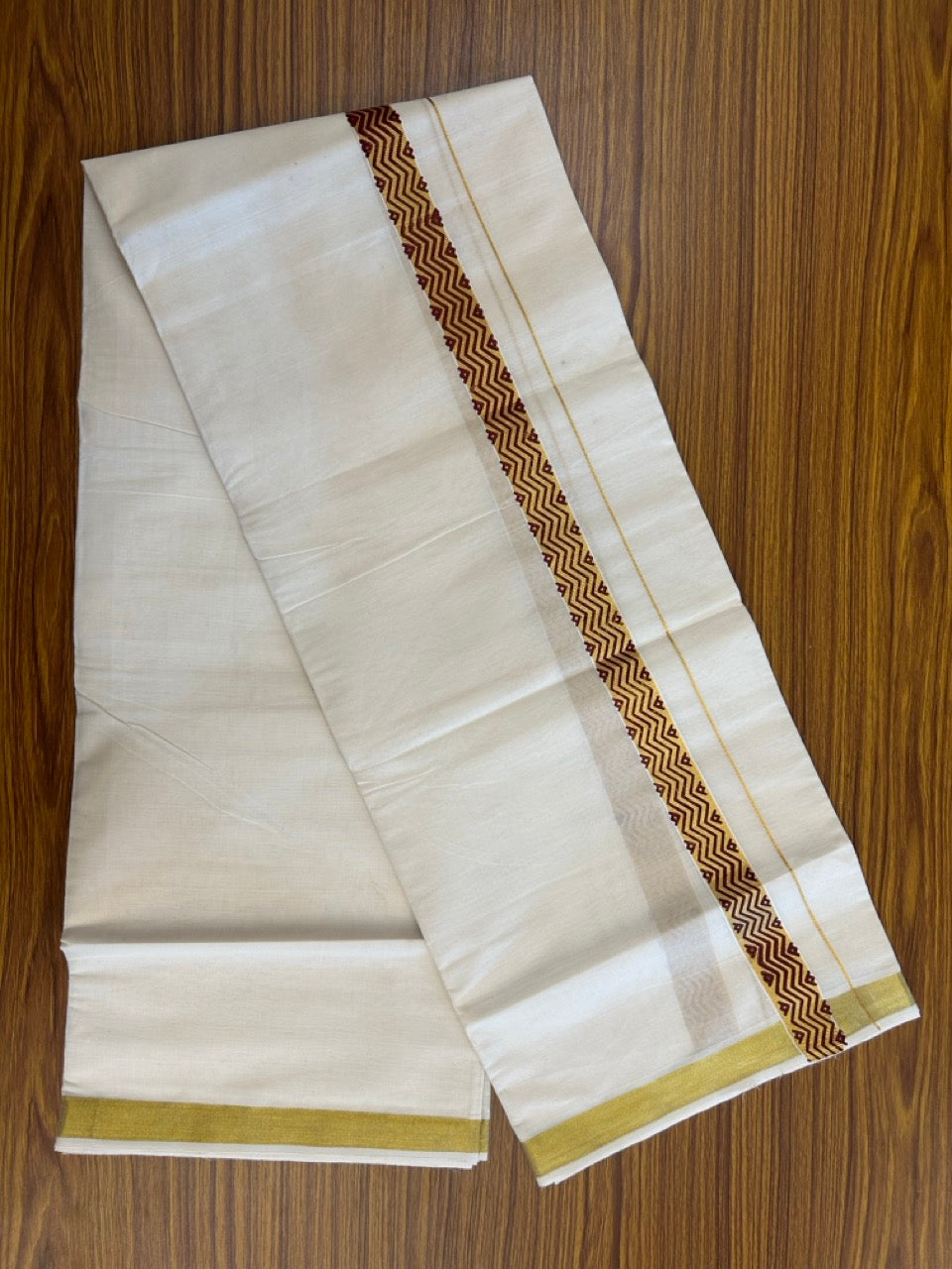 KaithariKada 100% Cotton Double Off White - (Ubleached) Mundu/Dhoti - 80x80 - 1 inch Gold Kasavu & Brown Tribal Printed Design Kara - 4 mtr (8 muzham)- 20 KK5262 STH