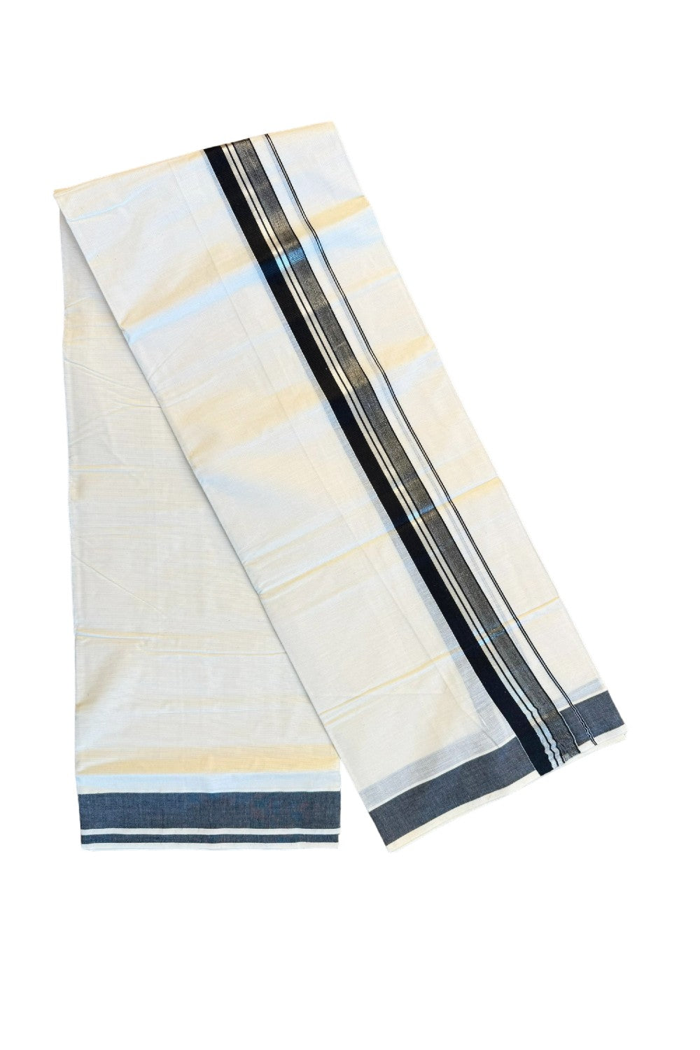 15% DISCOUNT!!! KaithariKada Balaramapuram 100% Cotton off white - (Unbleached) Double Mundu/Dhoti - 100X100 black & silver shaded kara - 20KK82VIN