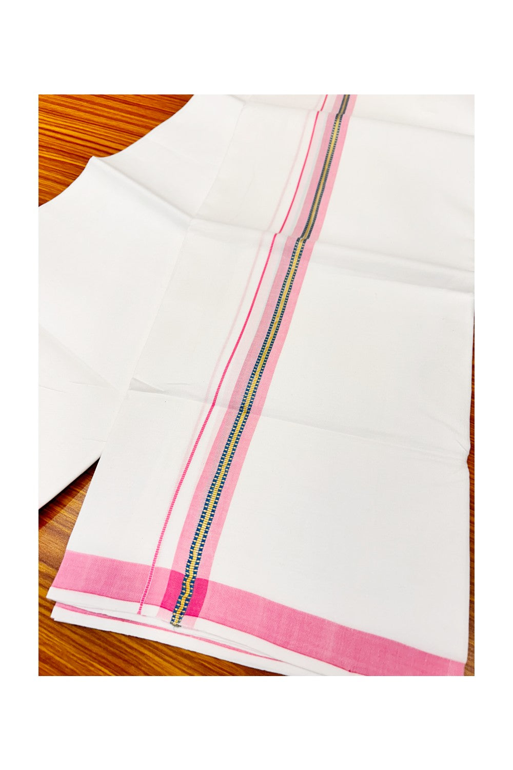 30% OFFER! KaithariKada 100% Cotton Balaramapuram HANDLOOM Single PURE WHITE Mundu/Dhoti - 1.5 inch (2 meter / 4 muzham) Pinkish Red Kasavu Kara & Blue Stripes Design - 20KAI.
