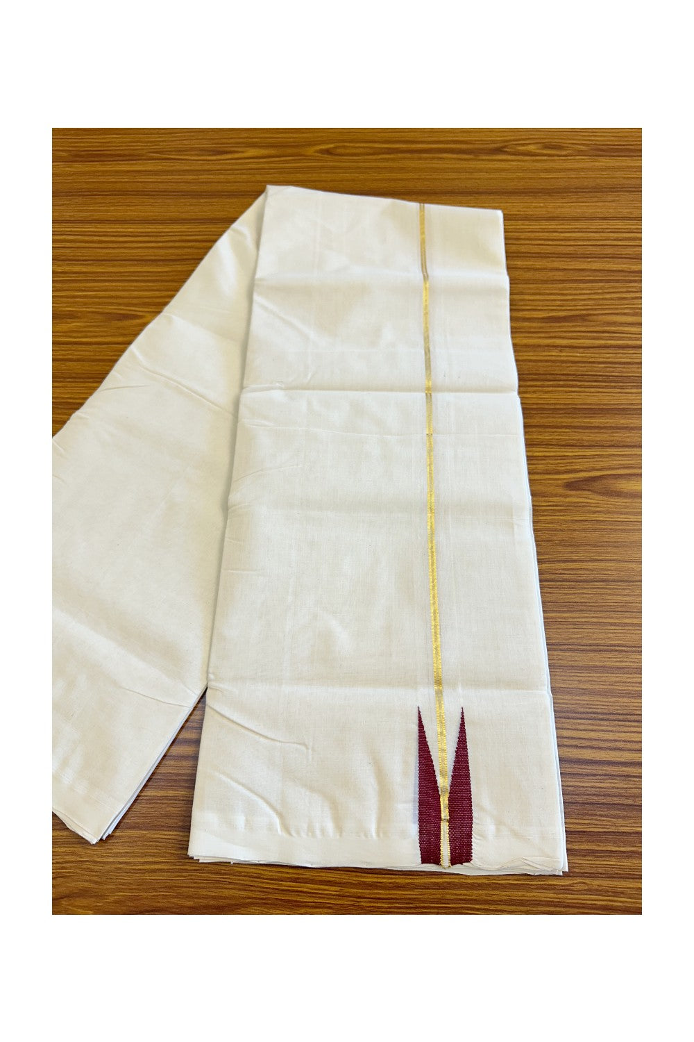 30% DISCOUNT!! KaithariKada HANDLOOM Millpaav Balaramapuram - 100% PURE Cotton OFF White (Unbleached) Double Mundu/Dothi - Kasavu maroon Puliyilakkara chutty - 20KK114ASH