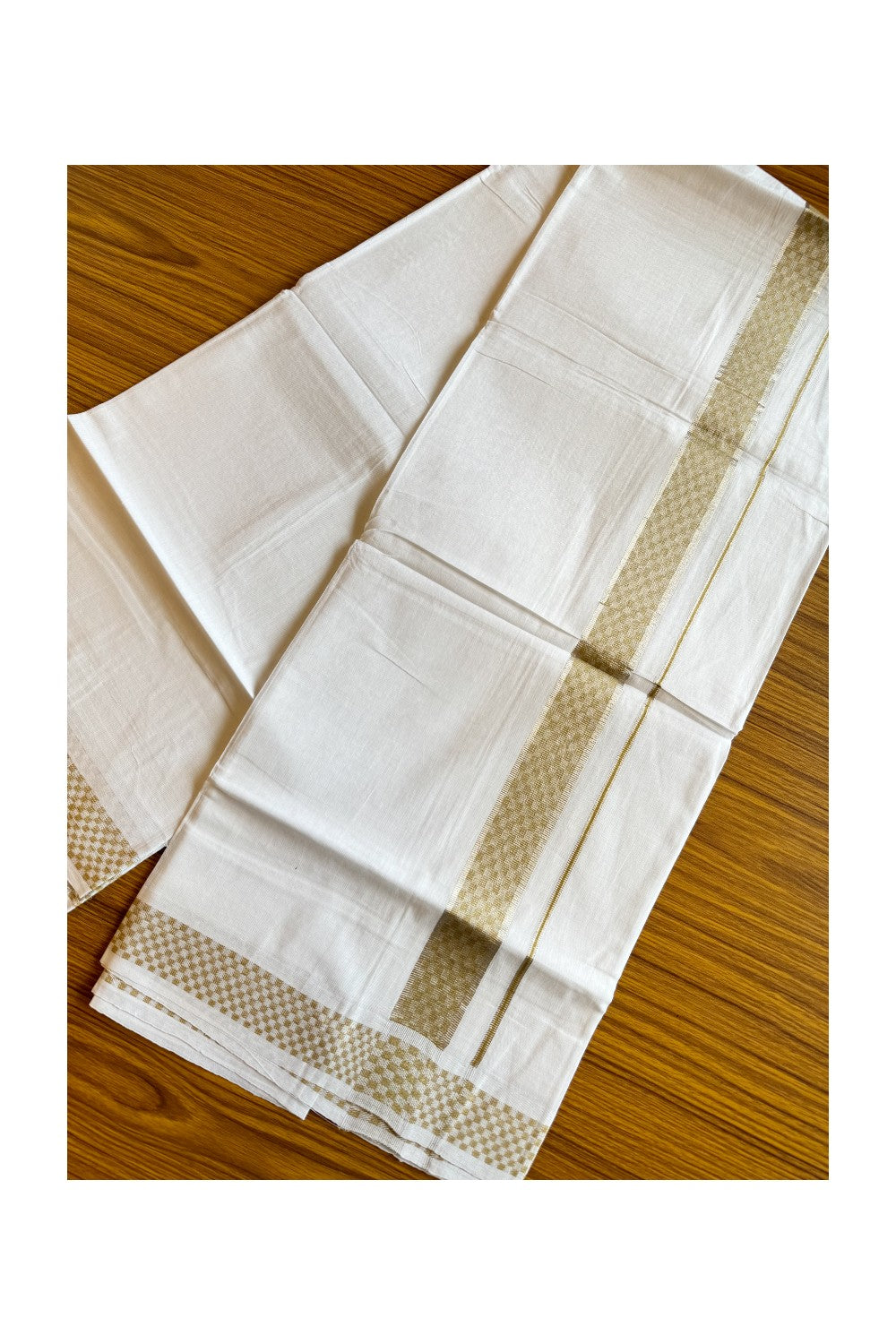 20% DISCOUNT! KaithariKada Balaramapuram 100% Cotton Double PURE white Mundu/Dhoti-100x100 2.25 inch Silver kasavu & Light Brown pattern Kara - 20KK207PMC