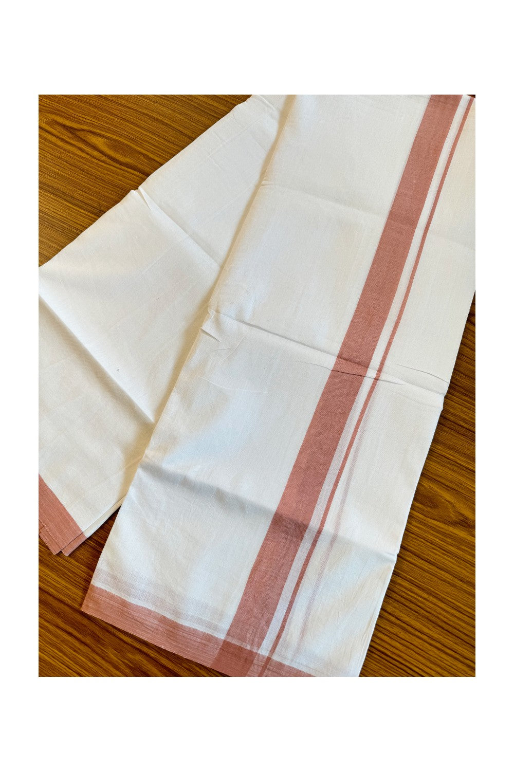 25% Discount! KaithariKada Balaramapuram Handloom 100% Millpaav Cotton Double Mundu/Dhoti Pure white - 100x100 Orange peach Mulloth Border - 20KK404RAM