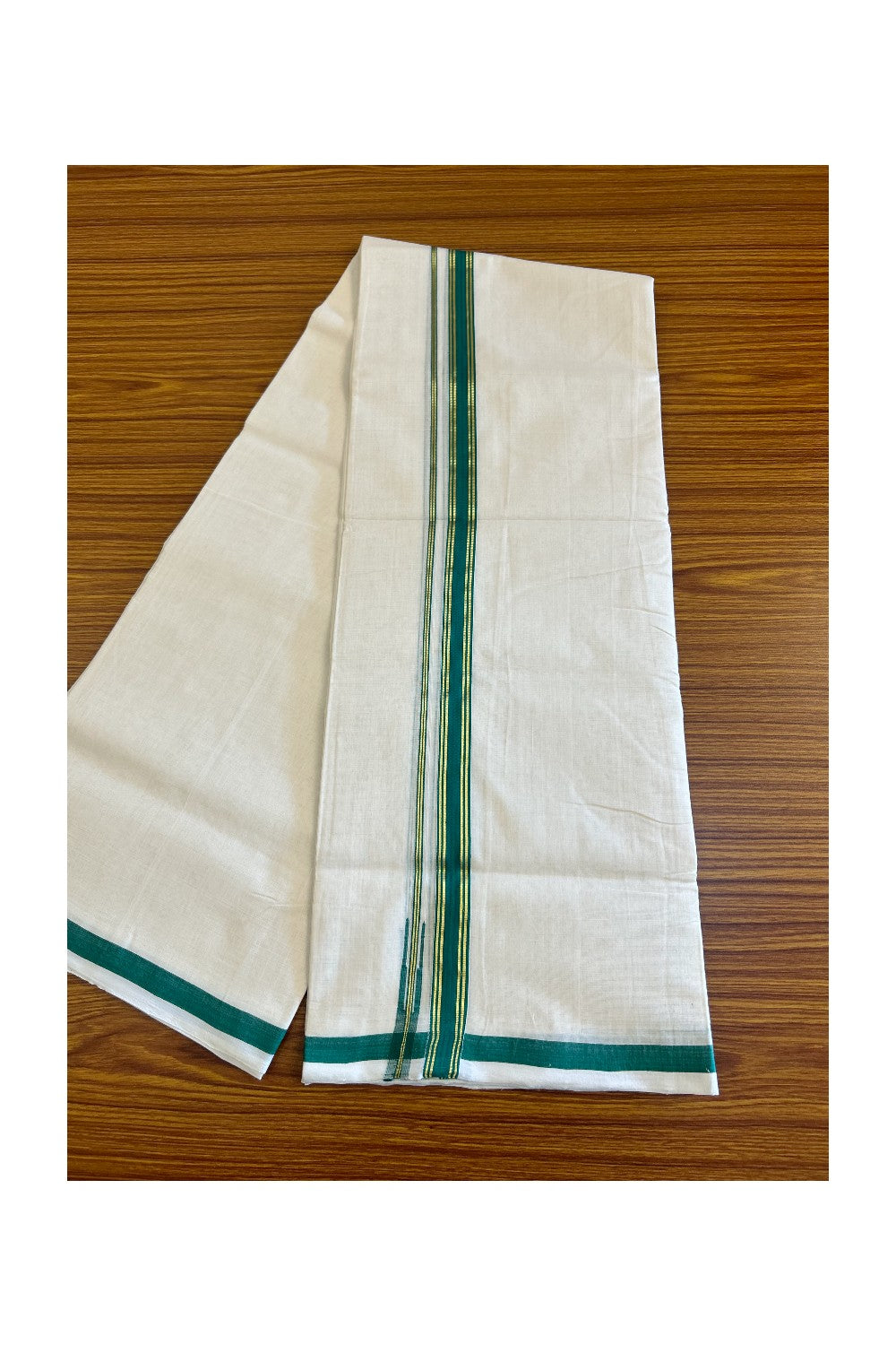 23% Discount!!! KaithariKada HANDLOOM UNAKKUPAAV Balaramapuram - 100% PURE Cotton off white (Unbleached) Double Mundu/Dhoti - 2.5 cm Green & kasavu stripes puliyilakkara chutty - 20KK458SOM