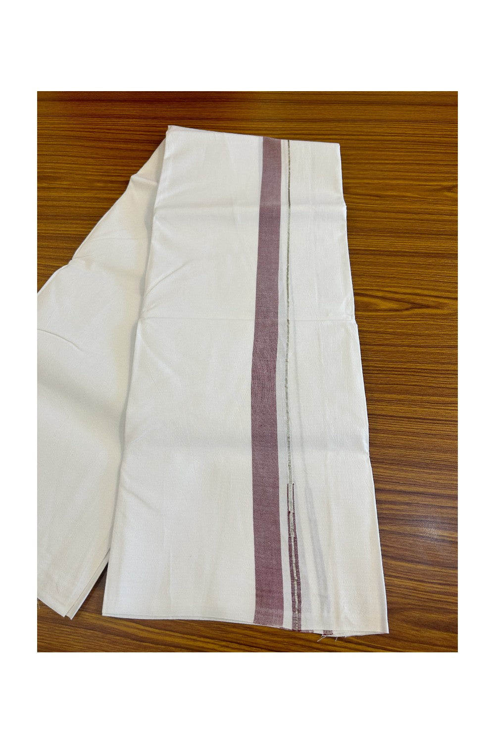 20% DISCOUNT!! KaithariKada Balaramapuram 100% Cotton PURE WHITE Single Mundu/Dhoti-100x100 Puliyilakkara Silver kasavu Grape Red chutty (2 meter / 4 muzham) - 20KK487KK