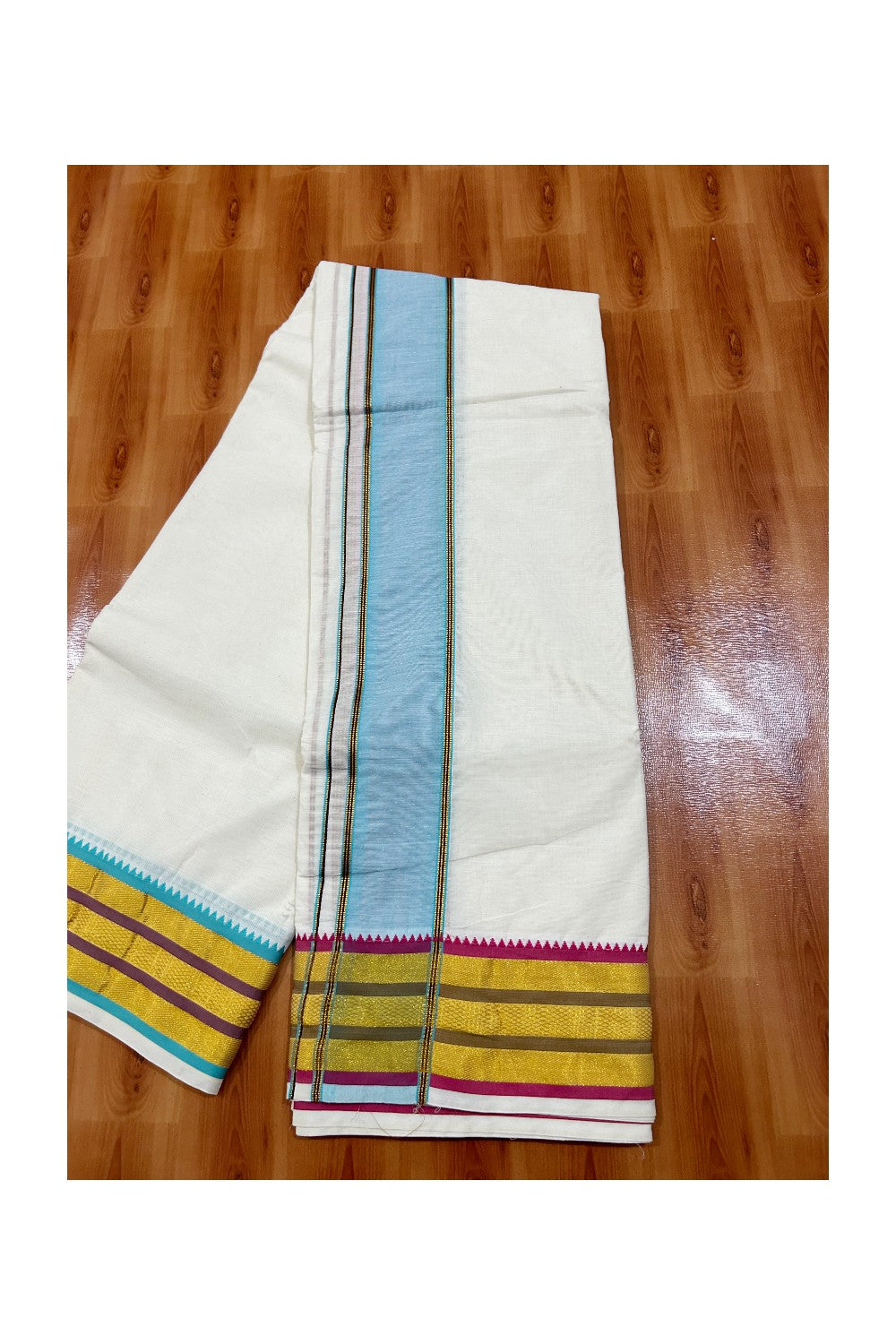 36% DISCOUNT! KaithariKada Cotton Mix Off White - (Unbleached) 80x80 thread - 80% Cotton & 20% Polyester. NORTH INDIAN - ATTACHED GAMCHA 9X5 Dhoti 3.5 inch Blue kara with Pink Kasavu border - 20KK5005PMC