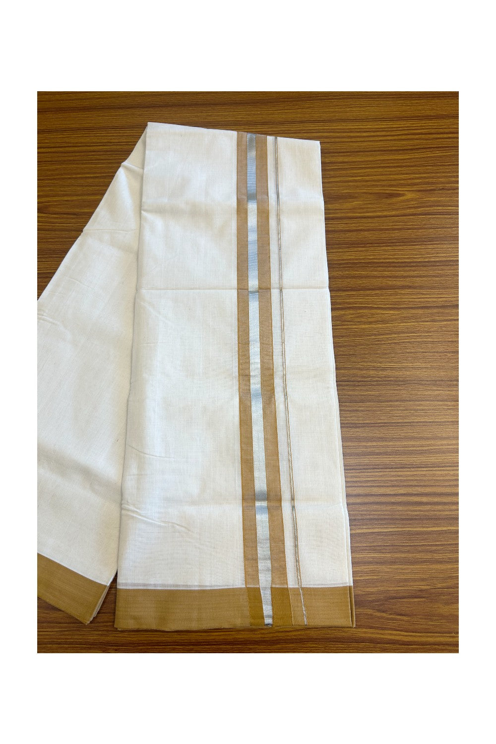 30% Discount KaithariKada HANDLOOM Unakkupaav Balaramapuram - 100% PURE Cotton Off White (Unbleached) - 100x100 Double Mundu/Dhoti - 2.25 inch Silver Kasavu Light Brown Kara- 218