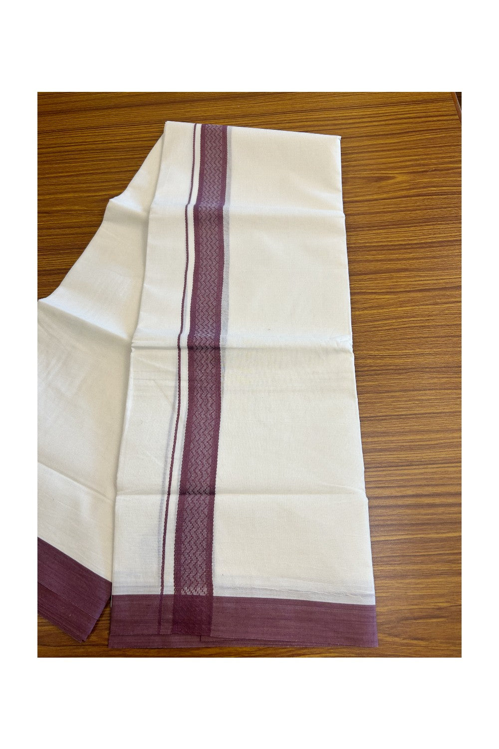 19% Discount!!! KaithariKada Balaramapuram Double Off white - (Unbleached) Mundu/Dhoti - 80X90 - 2 inch Wine Purple Pattern Kara 3.85 meters (8 Muzham) - 20KK5058GUN