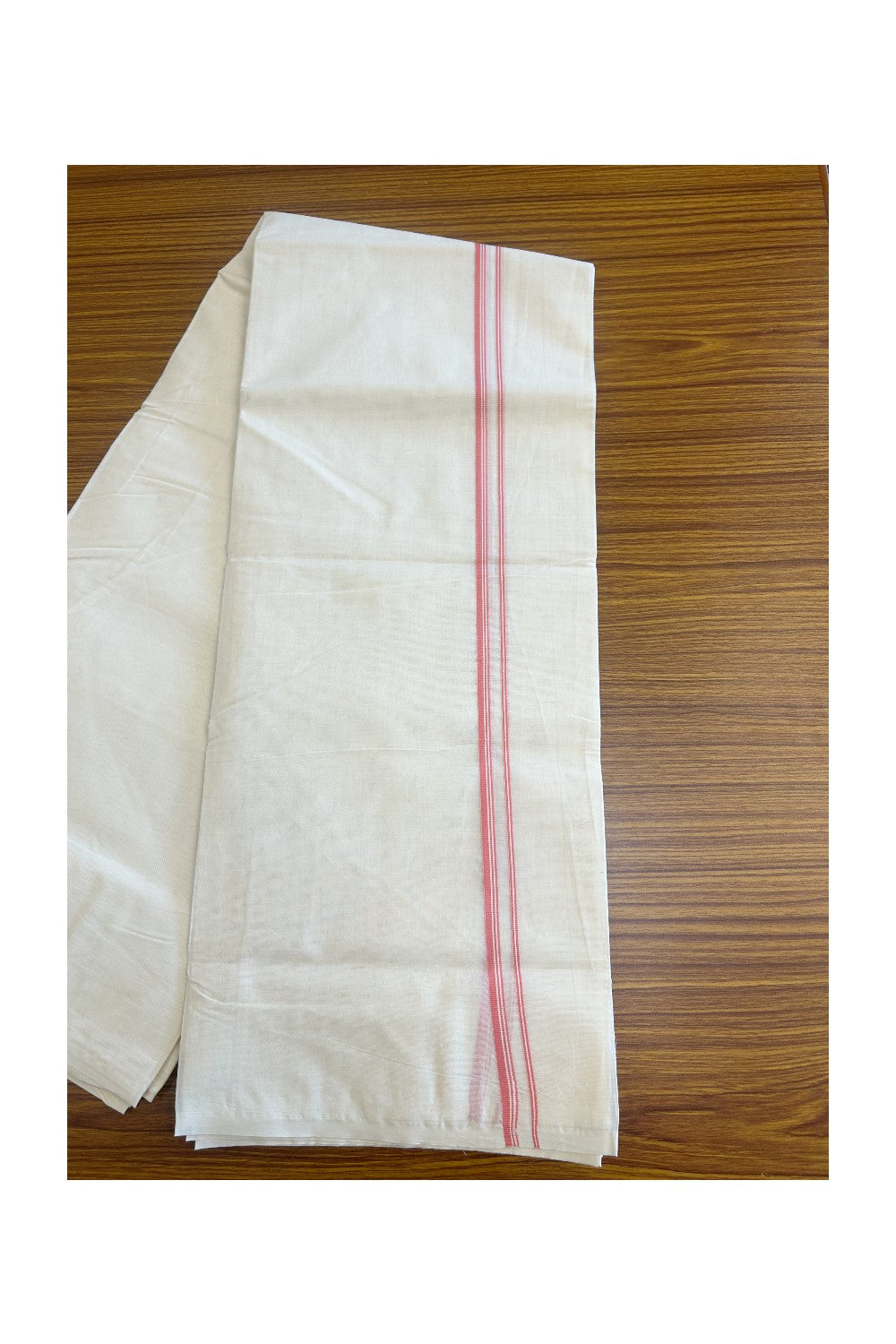 33% DISCOUNT! KaithariKada Balaramapuram 100% Cotton Double Off white - (Unbleached) Mundu/Dhoti-100x100 PEACH 2.cm Thin Kara- 2.