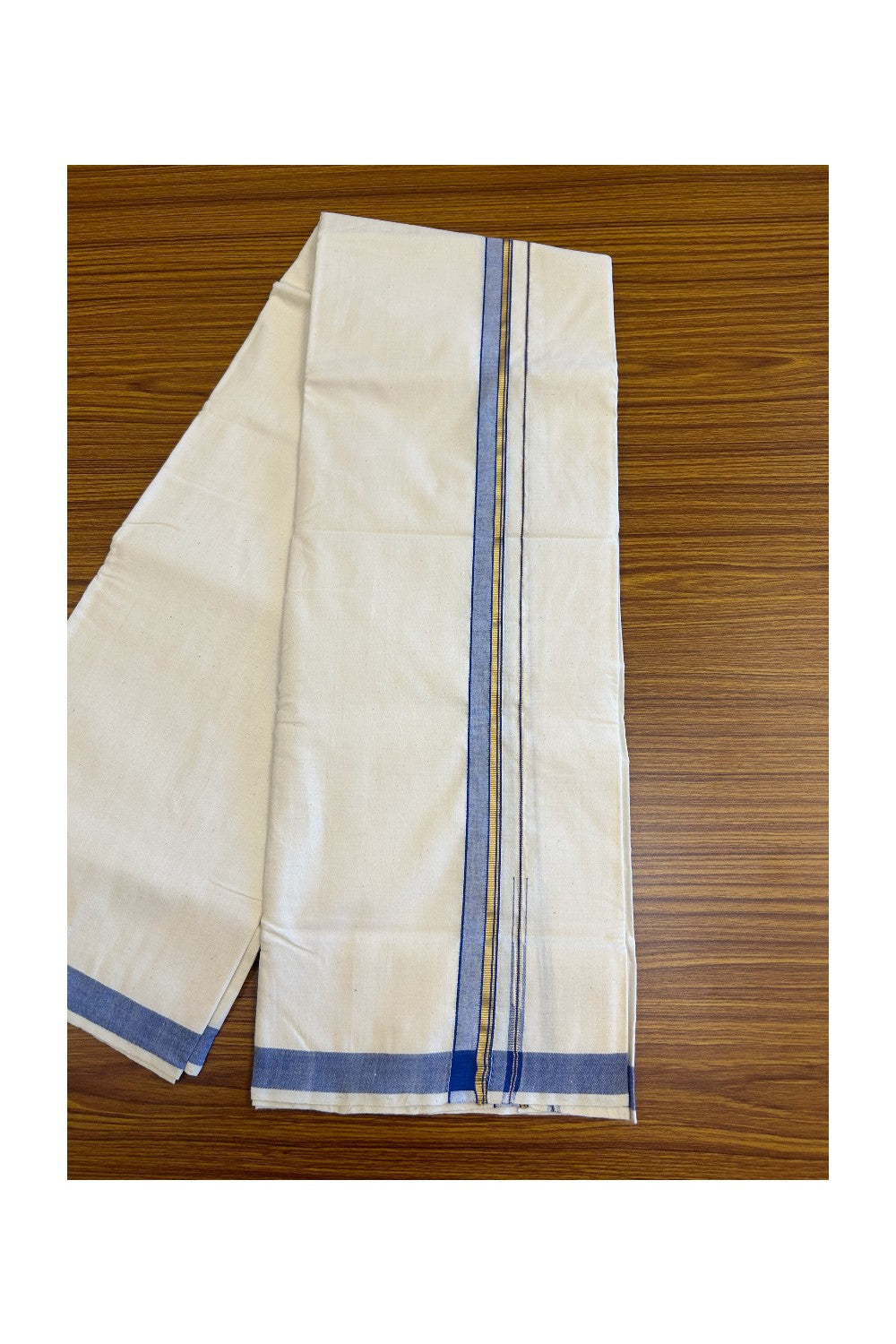 30% Discount ! KaithariKada 100% Cotton Balaramapuram HANDLOOM Single Mundu/Dhoti - Off White (Unbleached) 1.Inch (2 meter / 4 muzham) Blue & Stripes Kasavu Puliyilakkara Chutty.