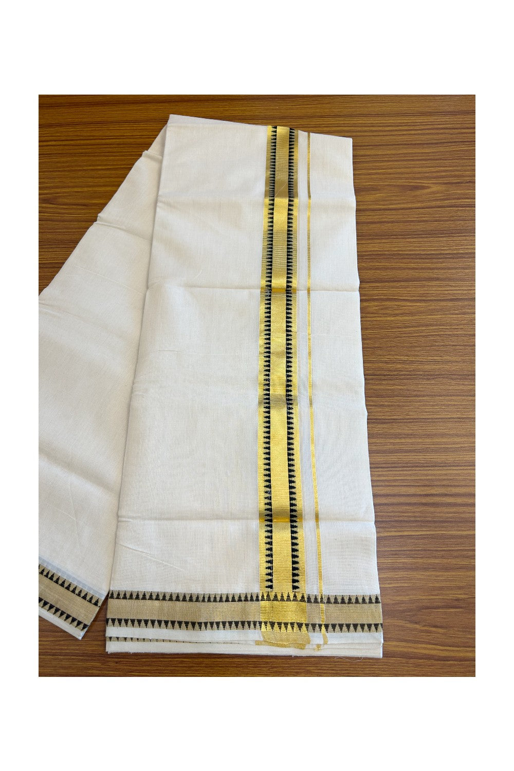 25%Discount!!! KaithariKada HANDLOOM UNAKKUPAAV Balaramapuram - 100% PURE Cotton off white (Unbleached) Double Mundu/Dhoti -100x 100 - 2.5 inch Kasavu & Black Temple design kara - 19KK5096YAR